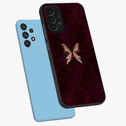Crimson Fade Butterfly Glass Case displayed in angled mockup highlighting elegant butterfly design with crimson gradient aesthetic.