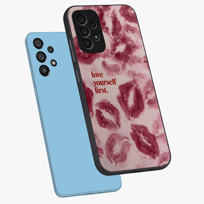 Crimson Kiss Love Glass Case displayed in angled mockup highlighting bold love inspired design with modern aesthetic style.