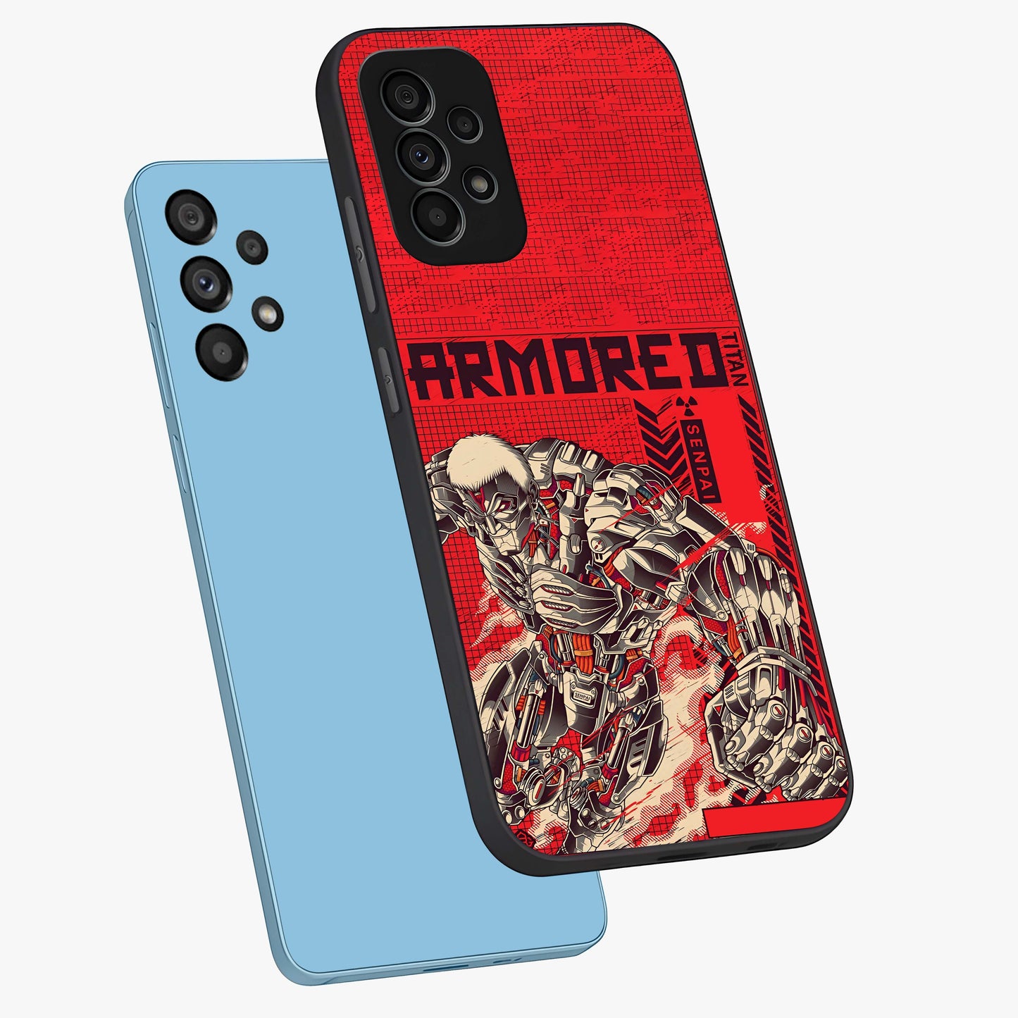 Crimson Mecha Titan Glass Case displayed in angled mockup highlighting futuristic mech illustration with bold crimson aesthetic.