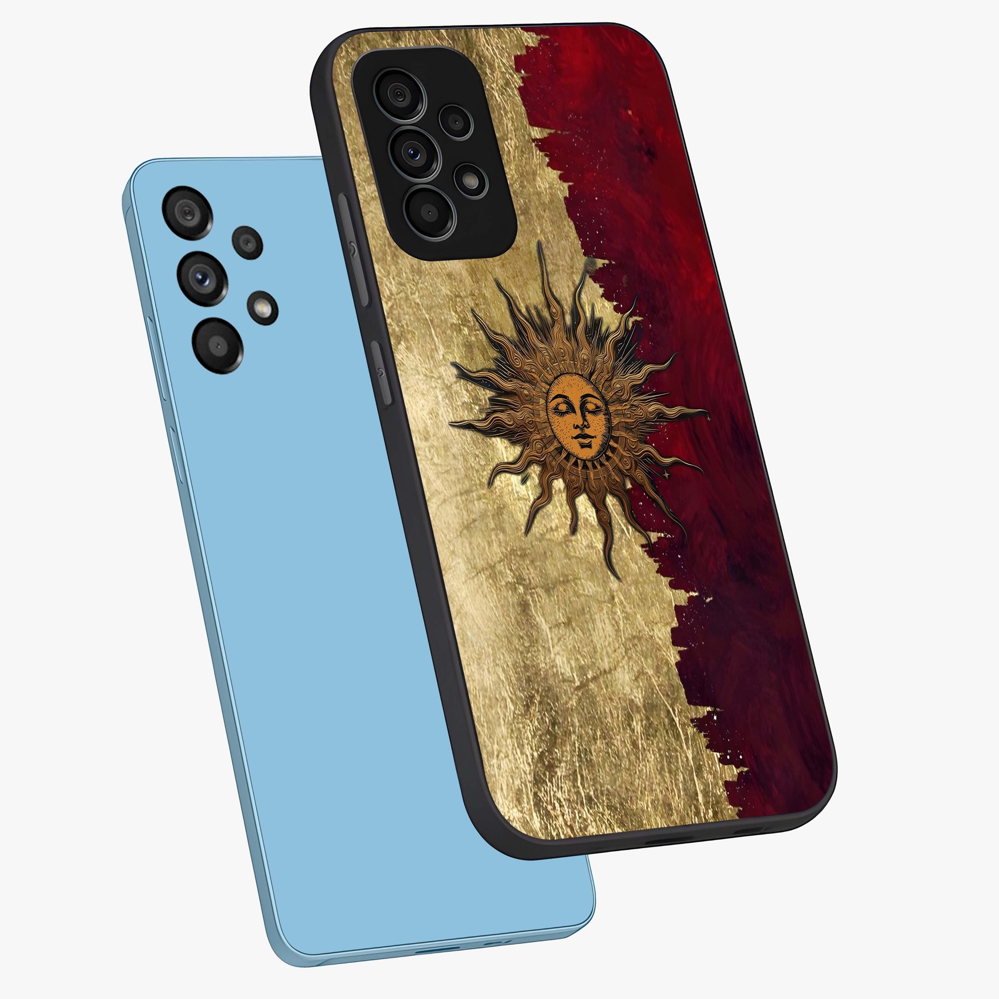 Crimson Sun Majesty Glass Case displayed in angled mockup highlighting majestic crimson sun design with bold aesthetic style.