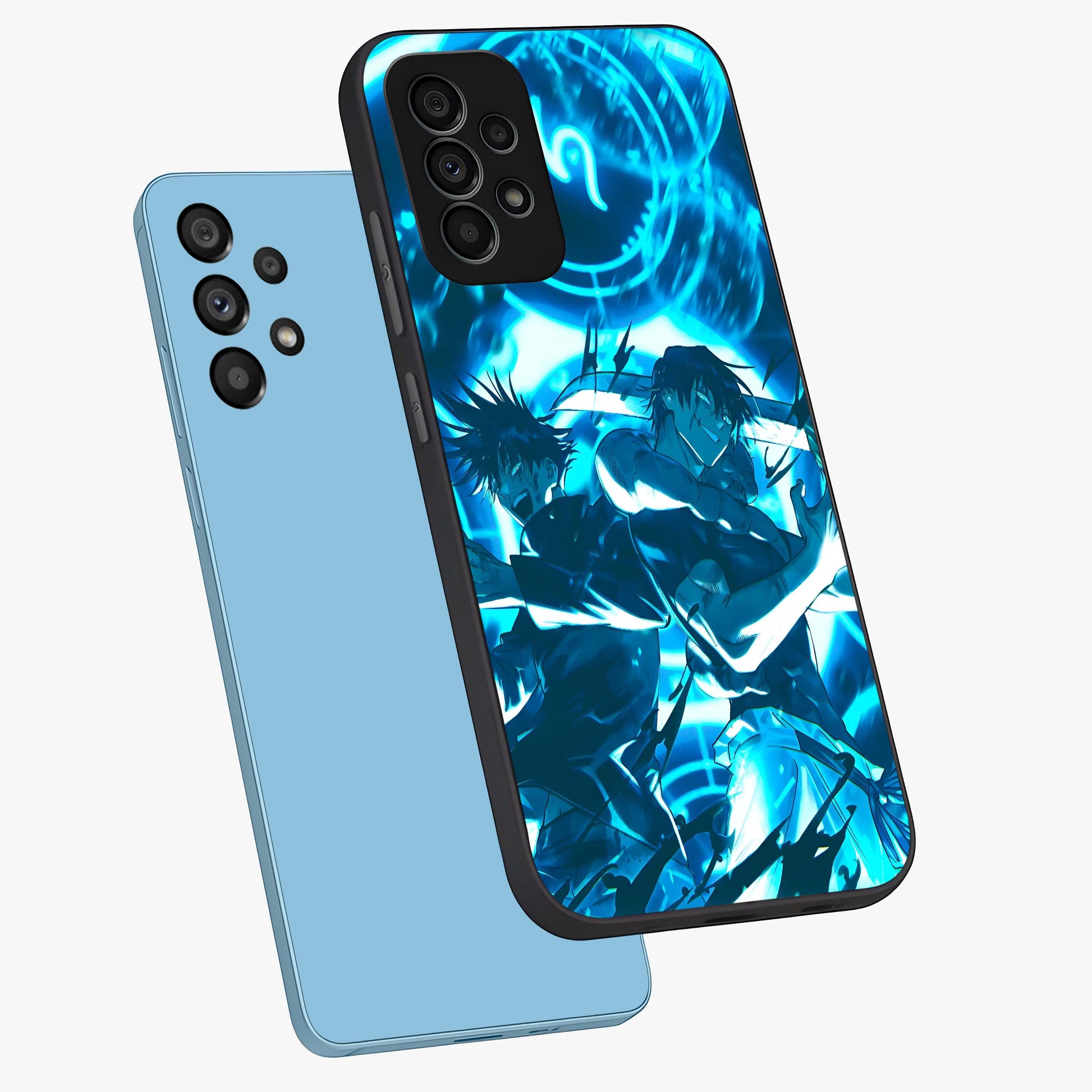 Cursed Energy Clash Glass Case displayed in angled mockup highlighting powerful battle inspired graphic with anime style aesthetic.