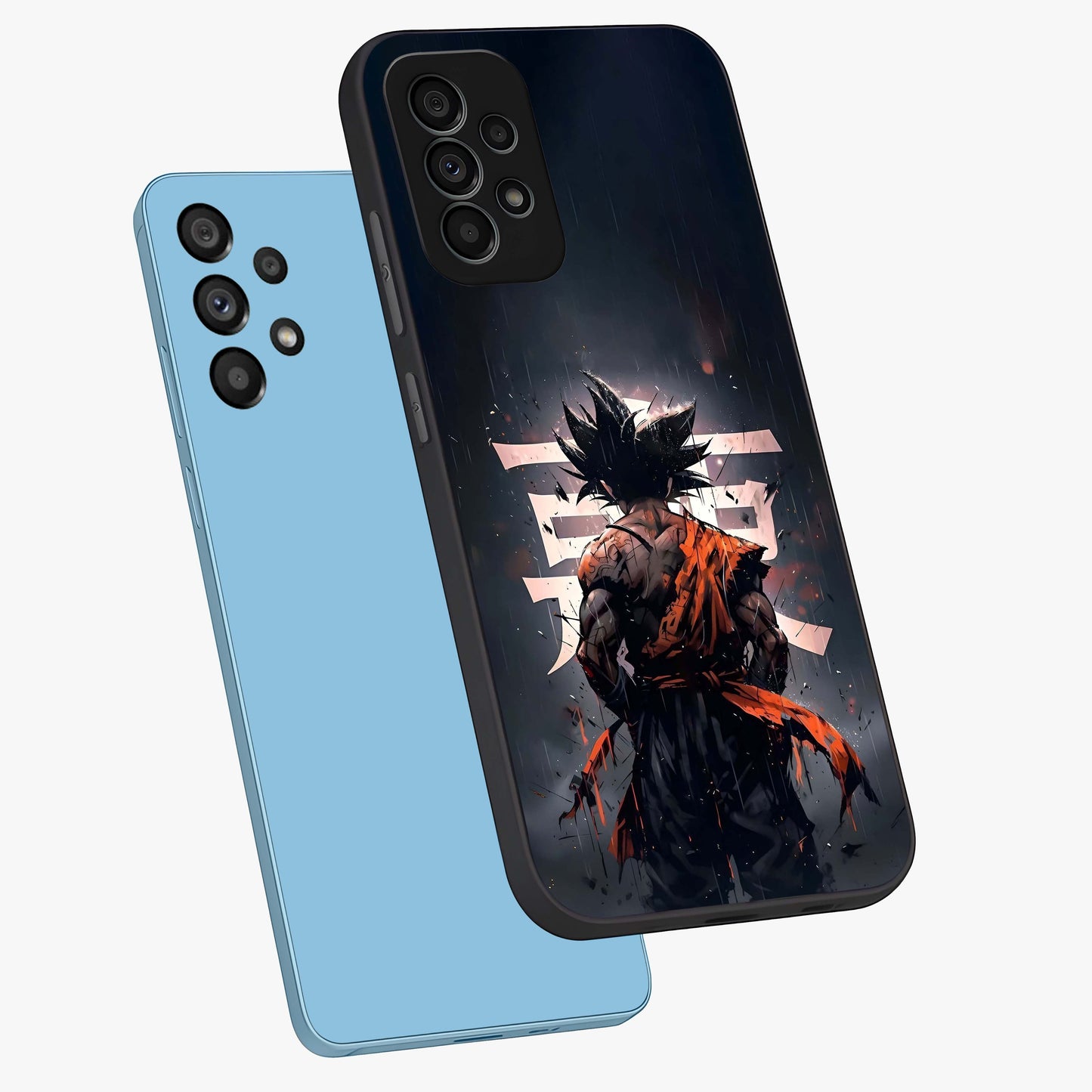 Dark Warrior In Rain Glass Case displayed in angled mockup highlighting dramatic warrior illustration with dark rain aesthetic.