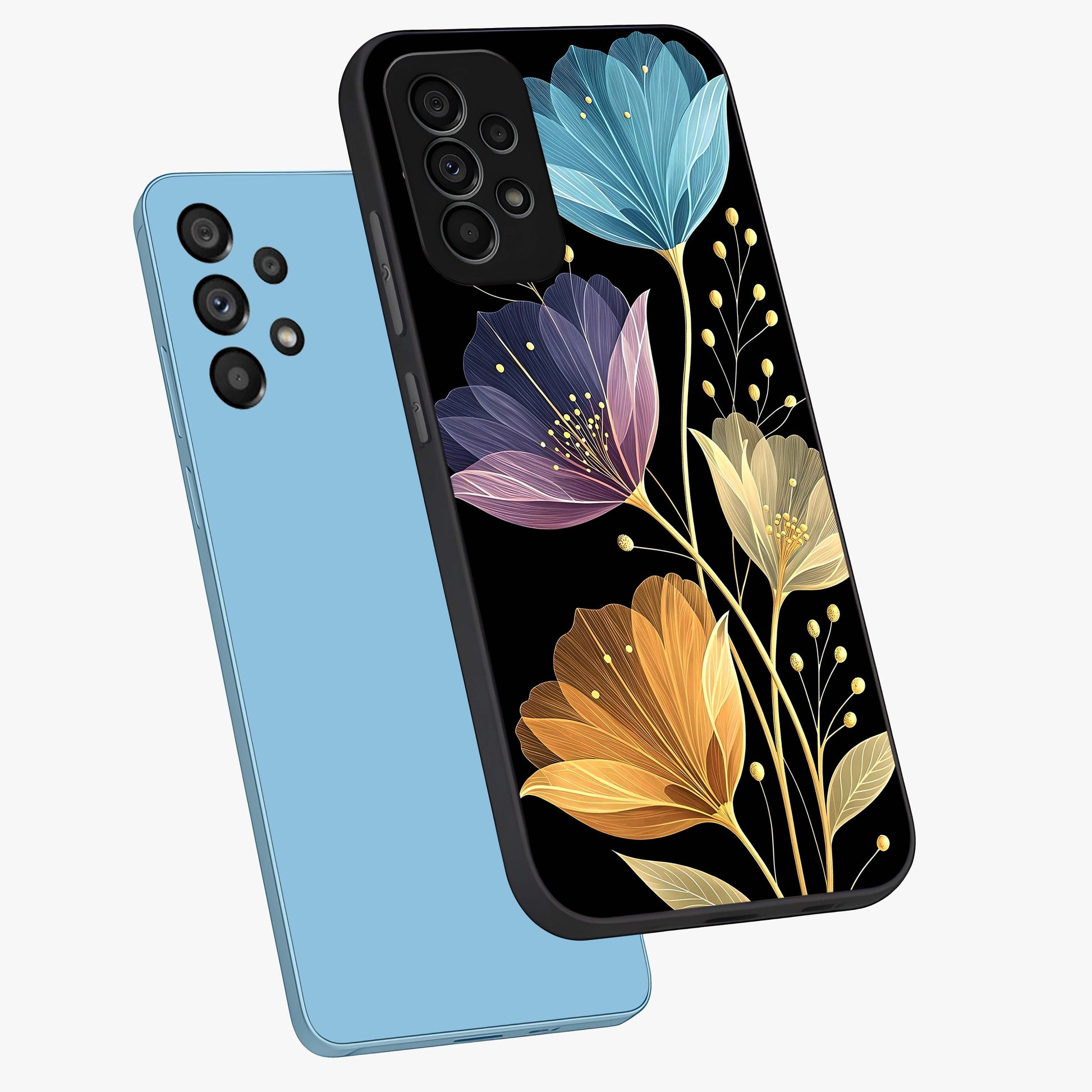 Delicate Multicolor Flowers Glass Case displayed in angled mockup highlighting colorful flower pattern with soft aesthetic style.