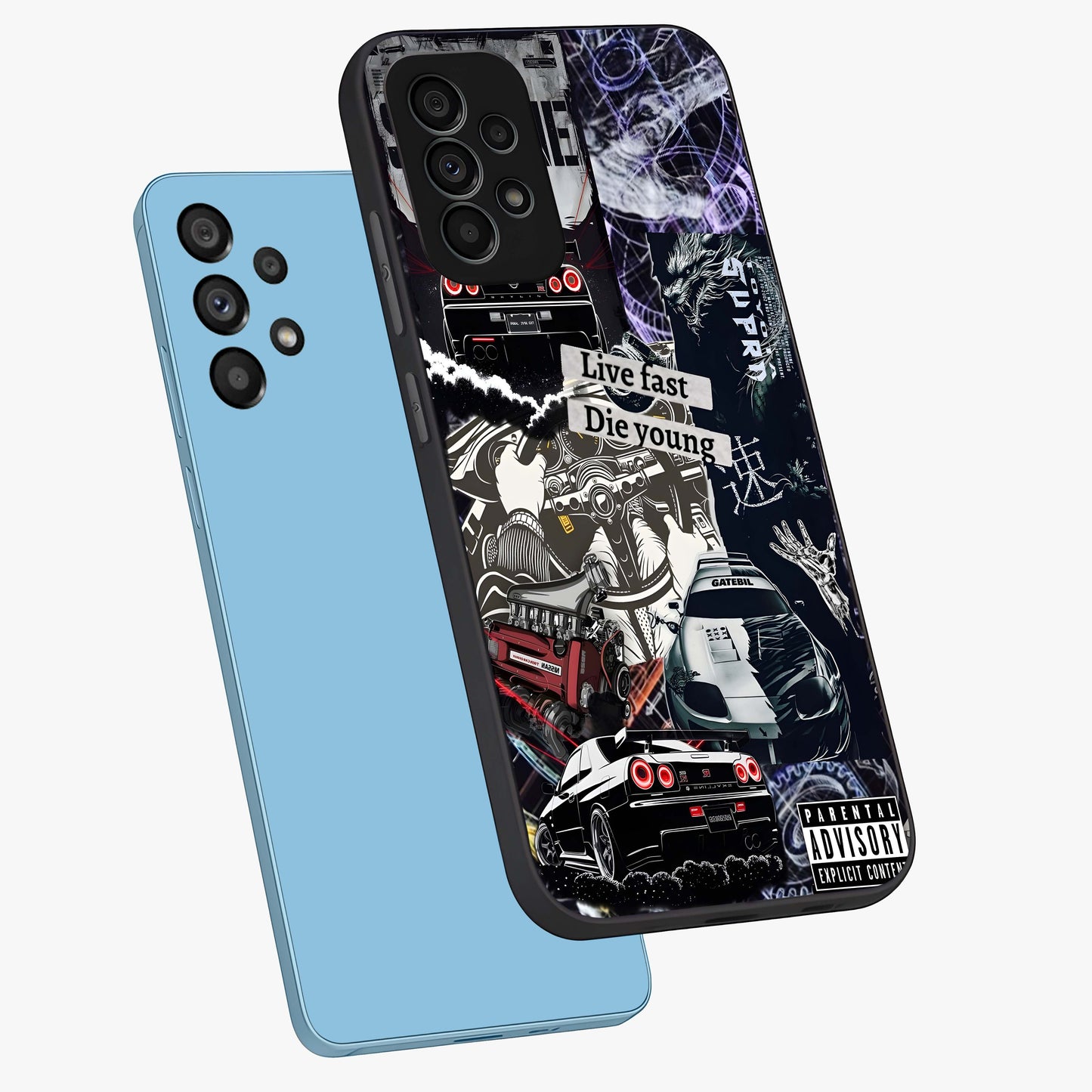 Die Young Glass Case displayed in angled mockup highlighting expressive graphic artwork with edgy aesthetic style.