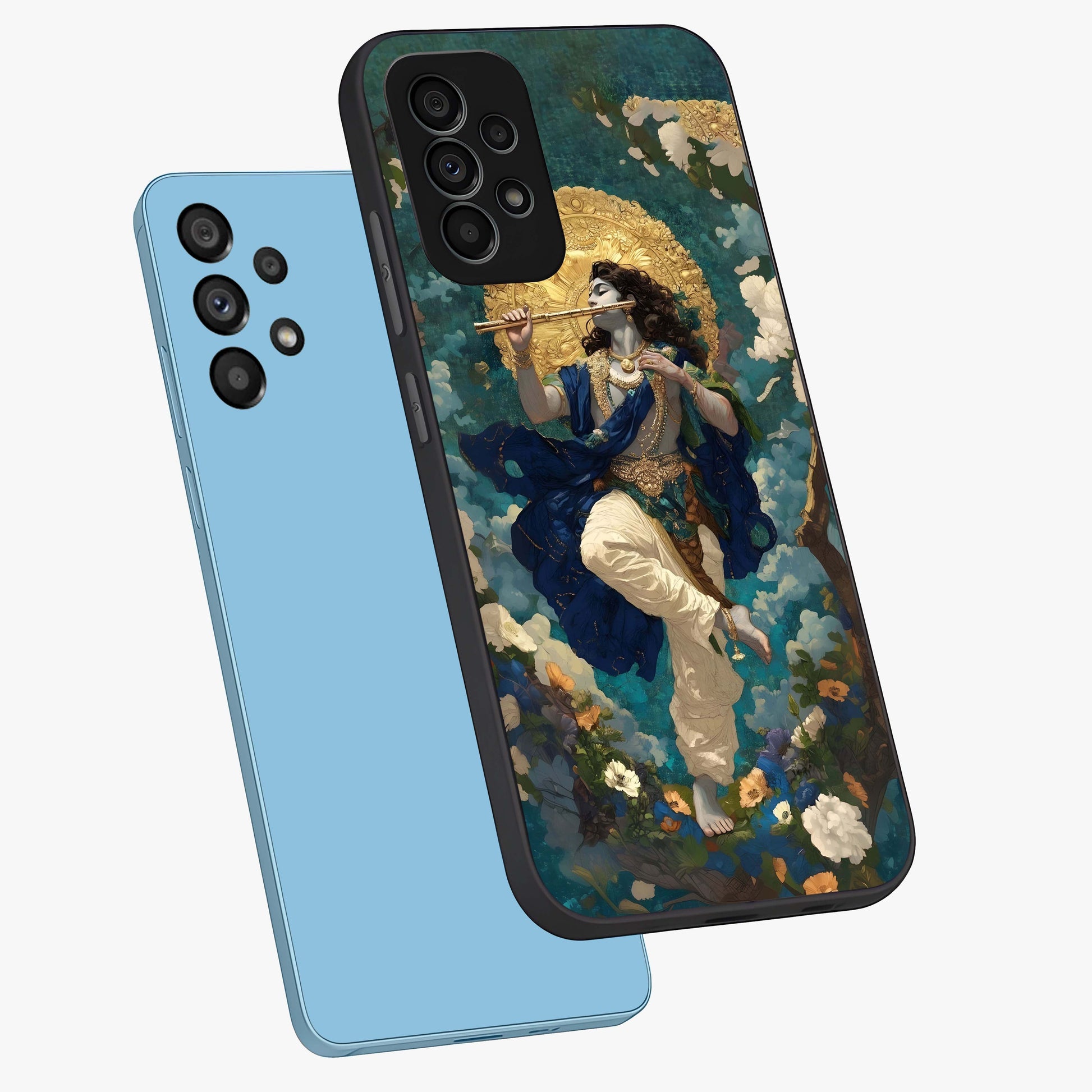 Divine Krishna Art Glass Case displayed in angled mockup highlighting spiritual Krishna illustration with devotional aesthetic.