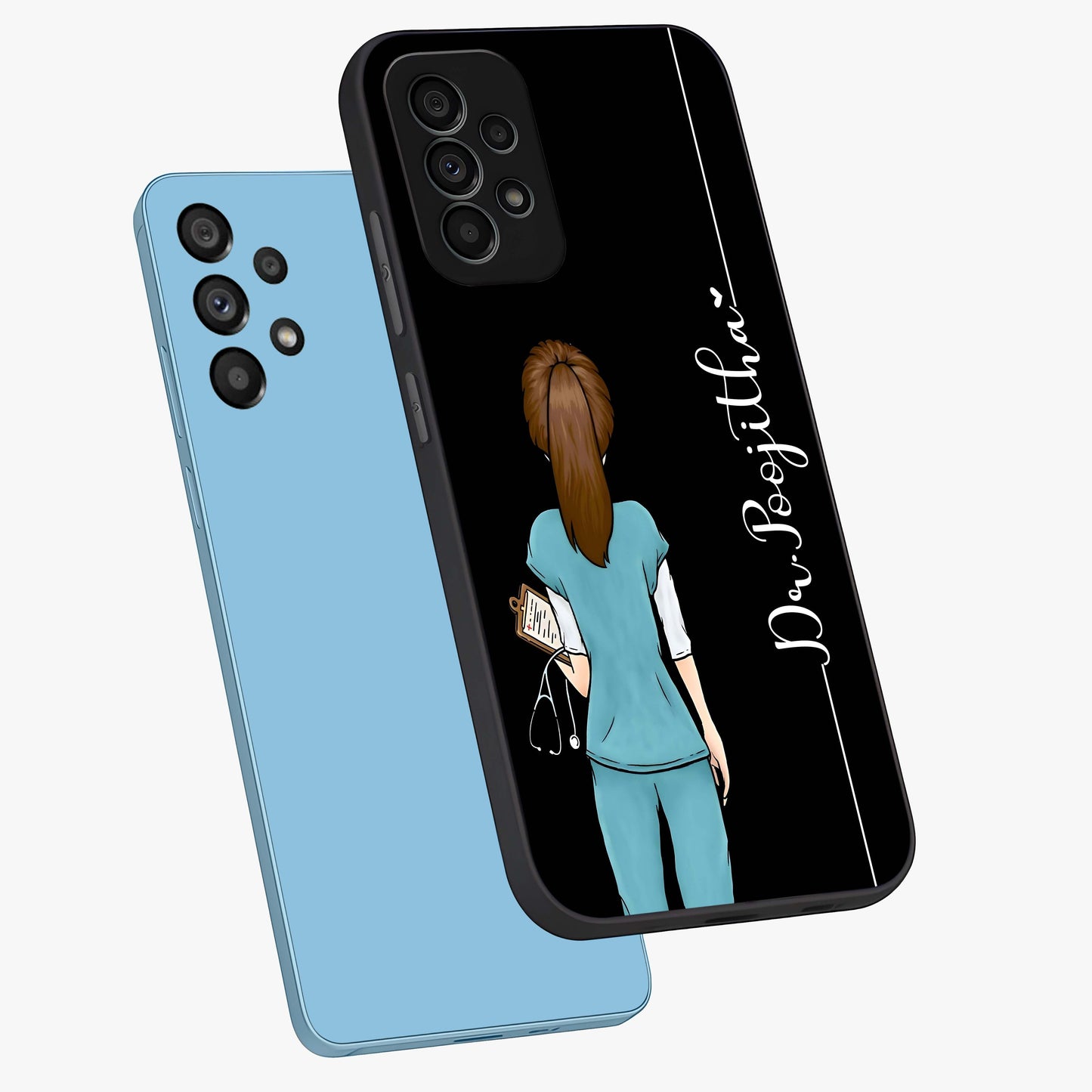 Doctor Pattern Custom Name Glass Case displayed in angled mockup highlighting doctor inspired artwork with custom name feature.