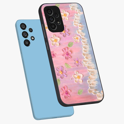 Dreamy Painted Garden Glass Case displayed in angled mockup highlighting colorful garden illustration with dreamy aesthetic style.