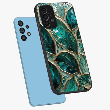 Emerald Leaf Glass Glass Case displayed in angled mockup highlighting botanical leaf illustration with elegant natural aesthetic.