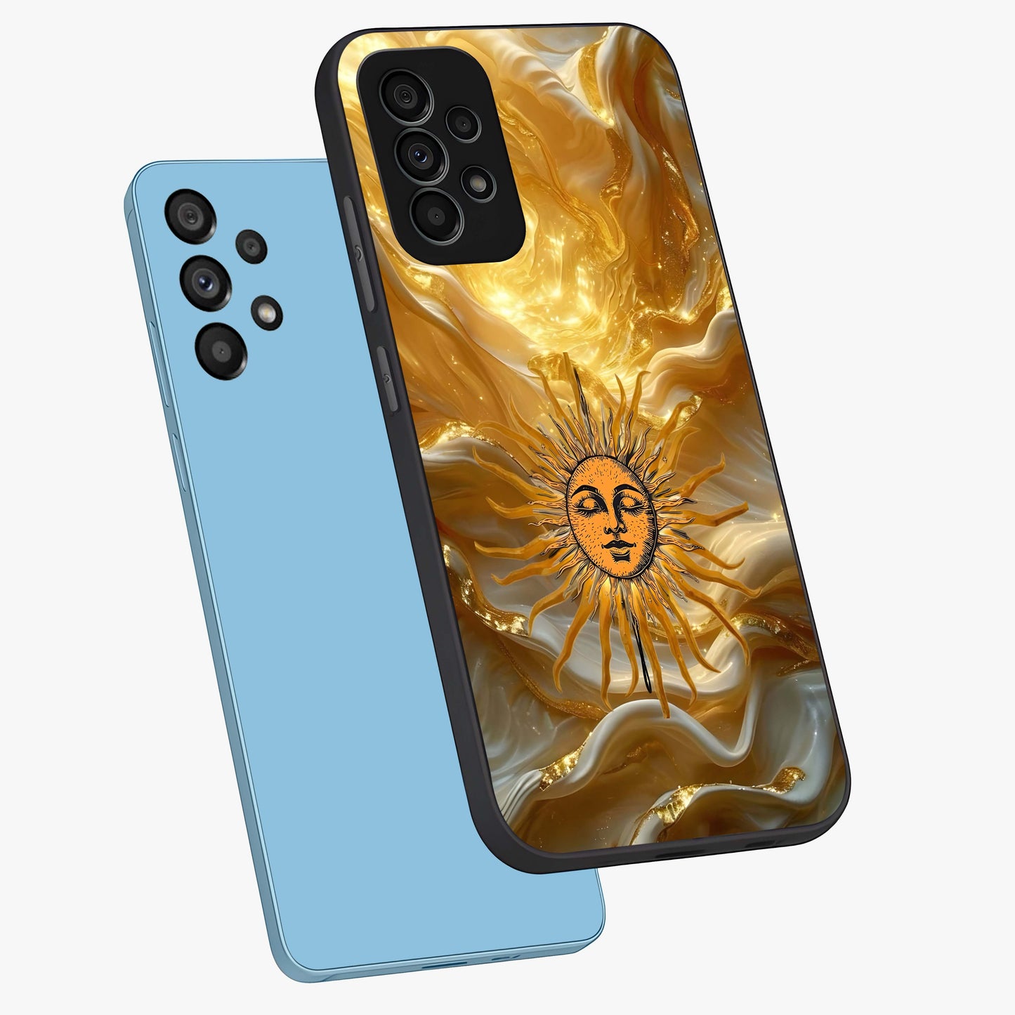 Eternal Golden Glow Glass Case displayed in angled mockup highlighting glowing golden aesthetic design with elegant style.