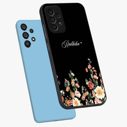 Floral Design With a Custom Personalized Name Glass Case displayed in angled mockup highlighting elegant floral pattern with custom name feature.