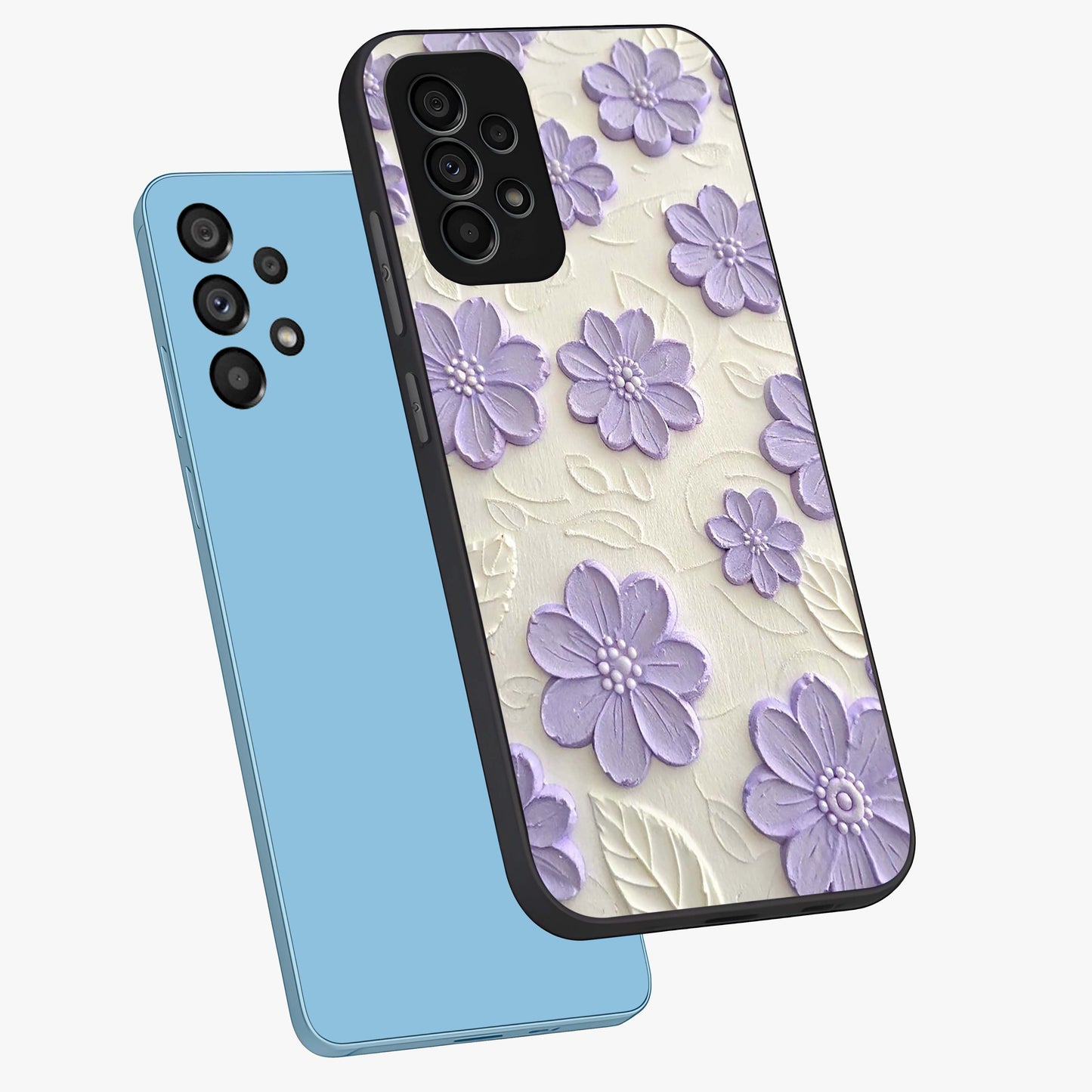 Floral Wall Art With Purple Flowers Glass Case displayed in angled mockup highlighting vibrant purple floral illustration with artistic aesthetic.