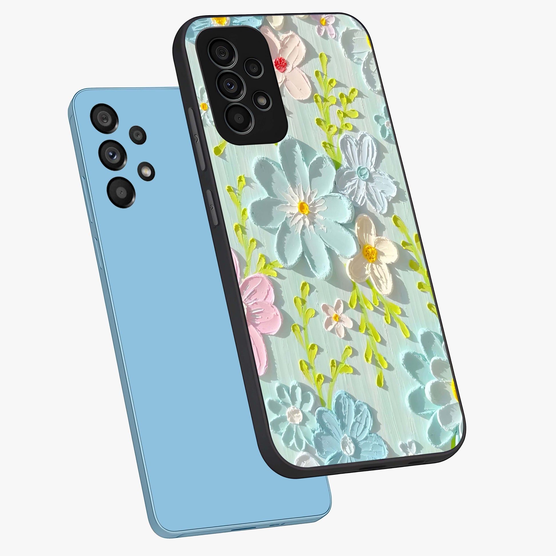 Frosted Petal Garden Glass Case displayed in angled mockup highlighting delicate flower petal design with calm garden aesthetic.