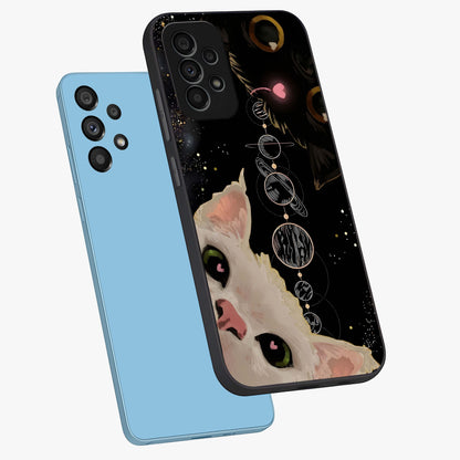 Galactic Cat Glass Case displayed in angled mockup highlighting celestial feline illustration with galaxy aesthetic style.