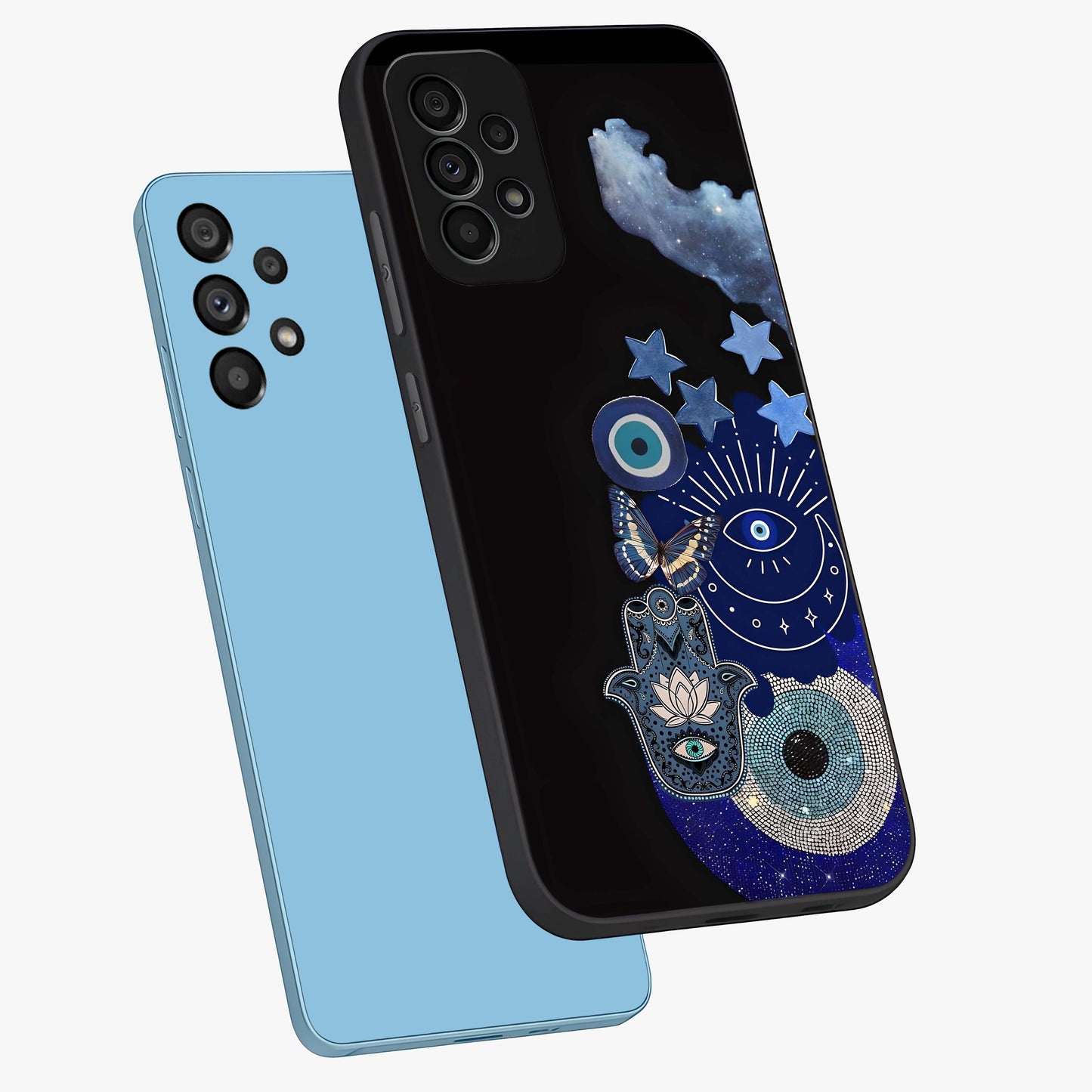 Galactic Charm Cluster Glass Case displayed in angled mockup highlighting luminous galaxy inspired design with dreamy aesthetic.