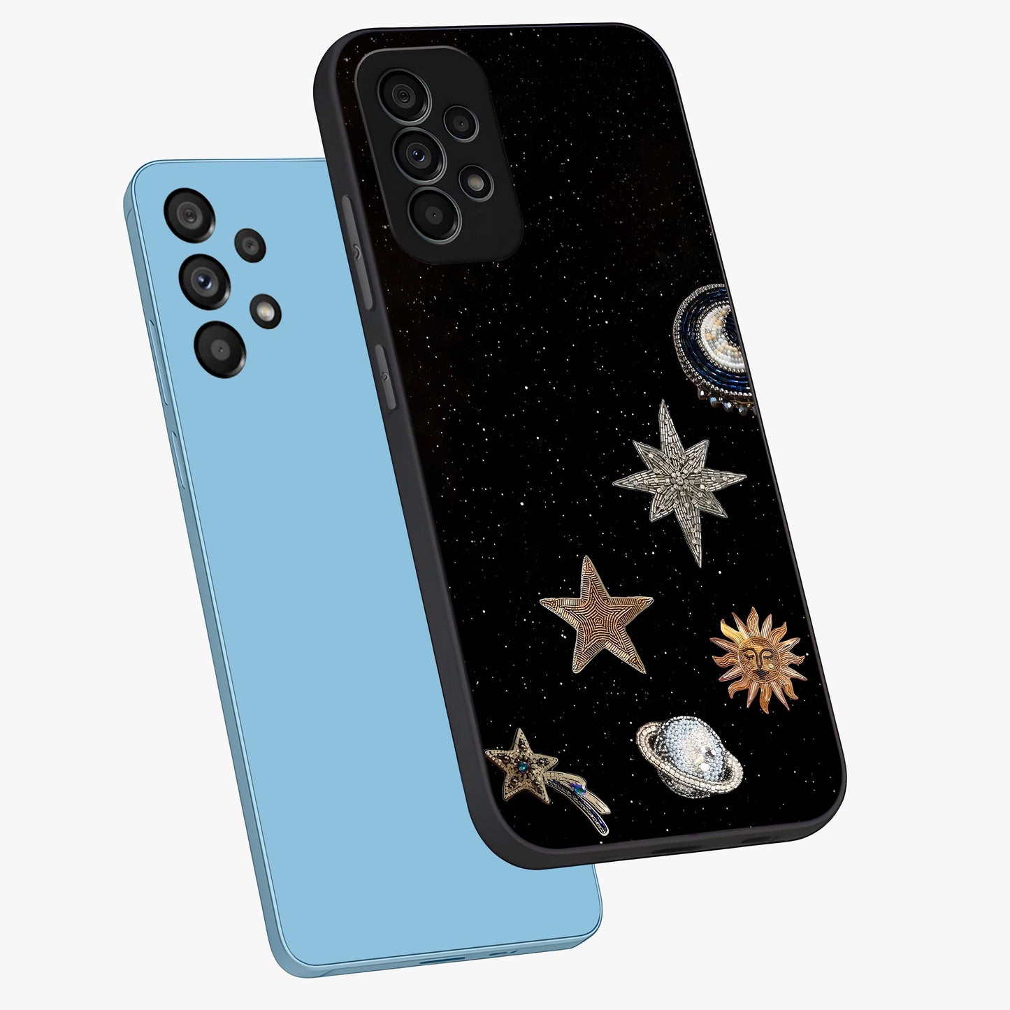 Galactic Charm Glow Glass Case displayed in angled mockup highlighting luminous galaxy inspired design with dreamy aesthetic.