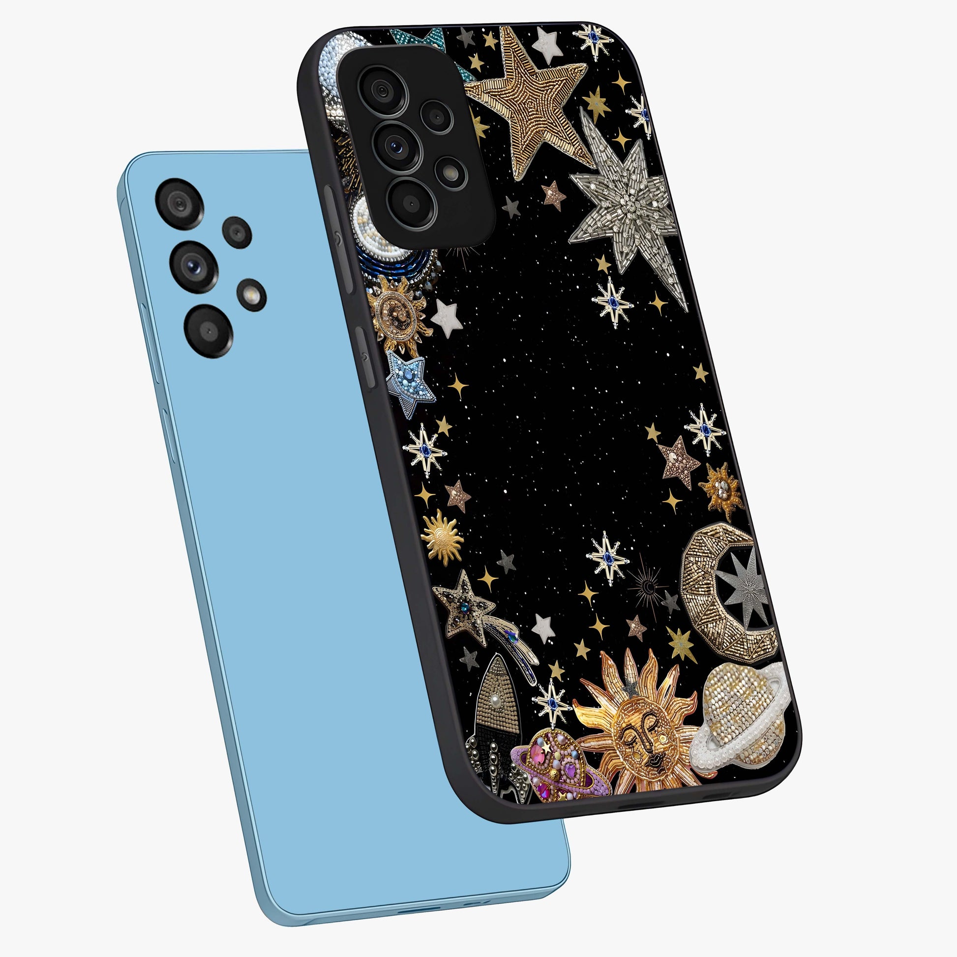 Galactic Jewel Stars Glass Case displayed in angled mockup highlighting shining celestial star design with cosmic aesthetic style.