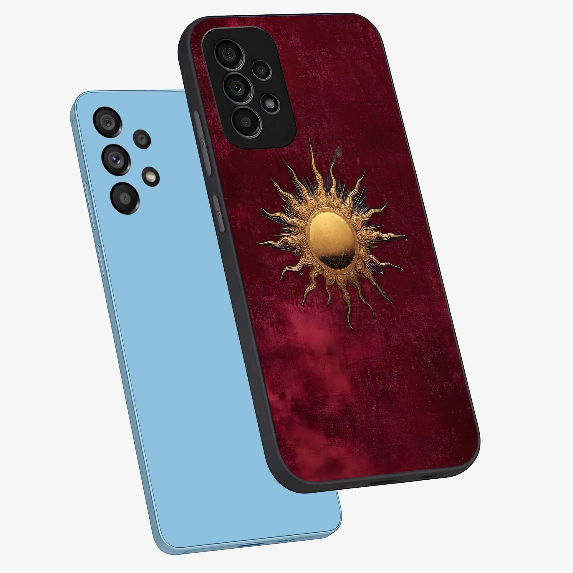 Golden Sun Minimalism Glass Case displayed in angled mockup highlighting clean sun symbol design with modern minimal aesthetic.