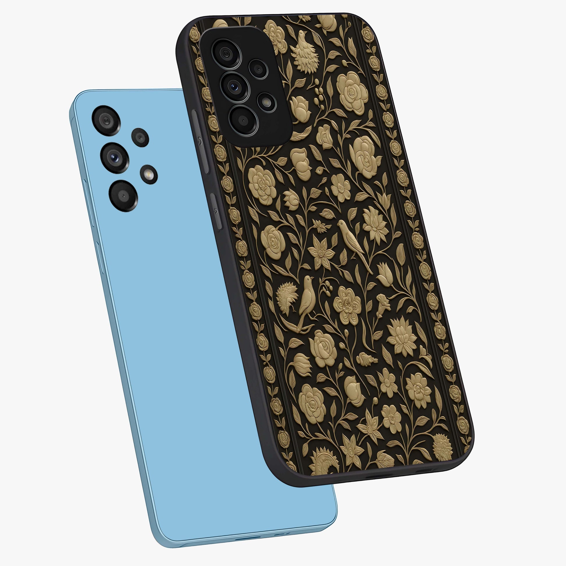 Golden Evil Eye Mandala Glass Case displayed in angled mockup highlighting protective evil eye symbol with golden mandala design.