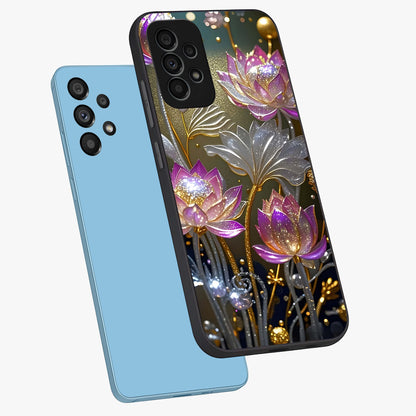 Golden Floral Majesty Glass Case displayed in angled mockup highlighting elegant flower design with royal golden aesthetic.