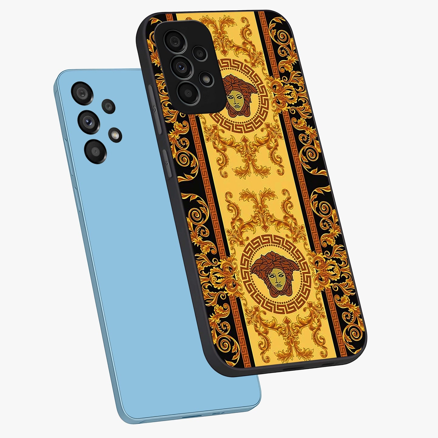 Golden Lotus Glow Glass Case displayed in angled mockup highlighting radiant lotus illustration with spiritual aesthetic.