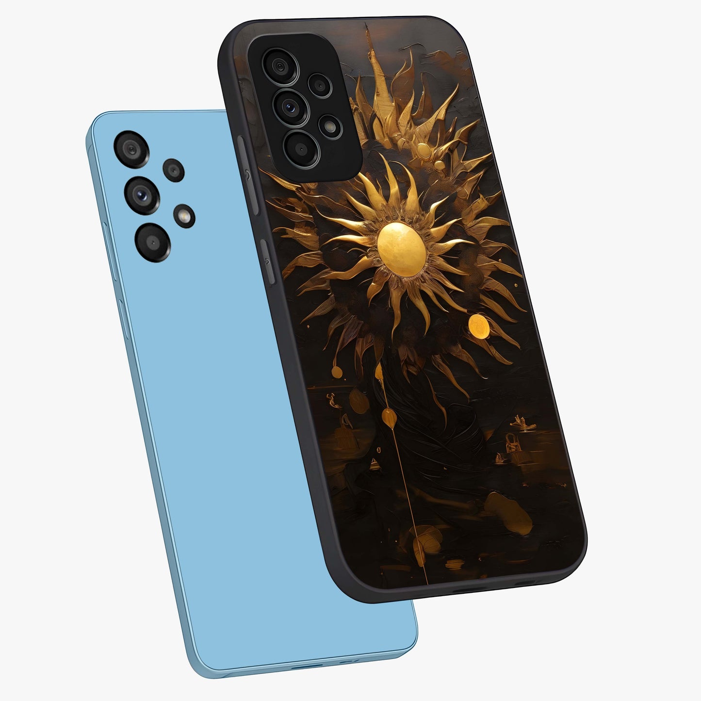 Golden Sun Majesty Glass Case displayed in angled mockup highlighting eerie shadow illustration with gothic aesthetic.