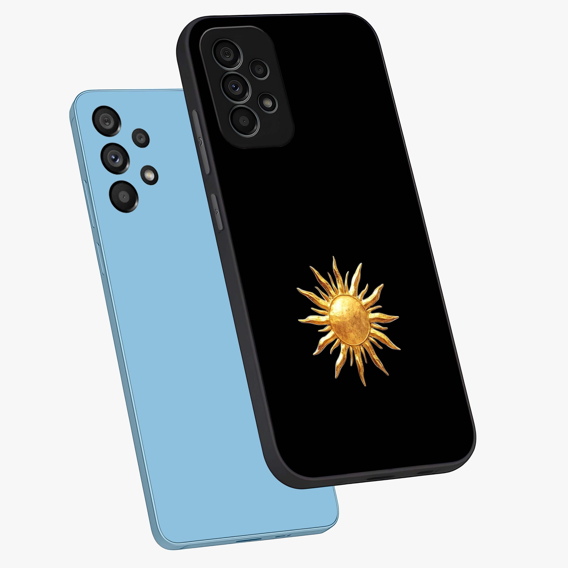 Golden Sun Minimalism Glass Case displayed in angled mockup highlighting eerie shadow illustration with gothic aesthetic.