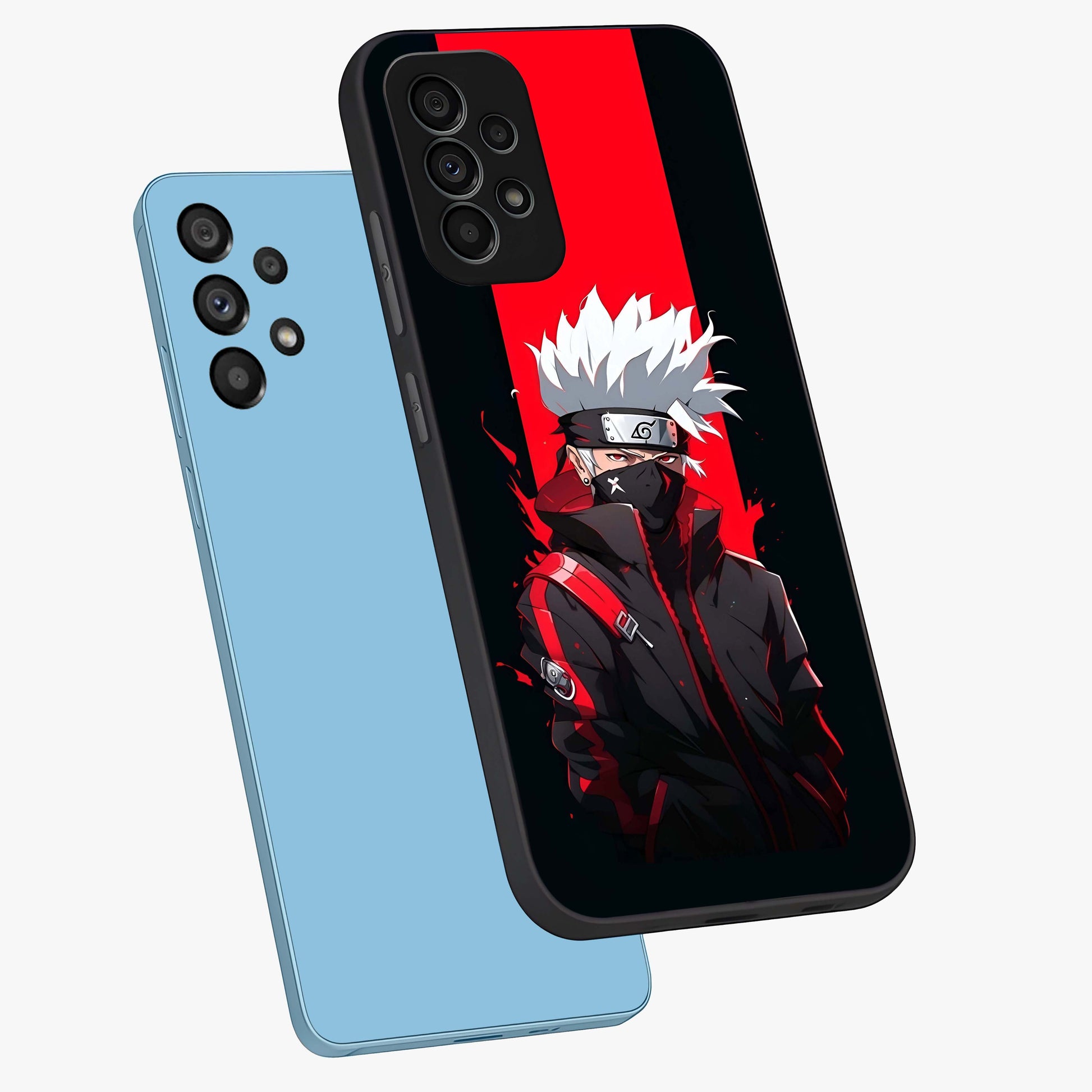 Kakashi Scarlet Shadow Glass Case displayed in angled mockup highlighting dramatic ninja illustration with scarlet themed aesthetic.