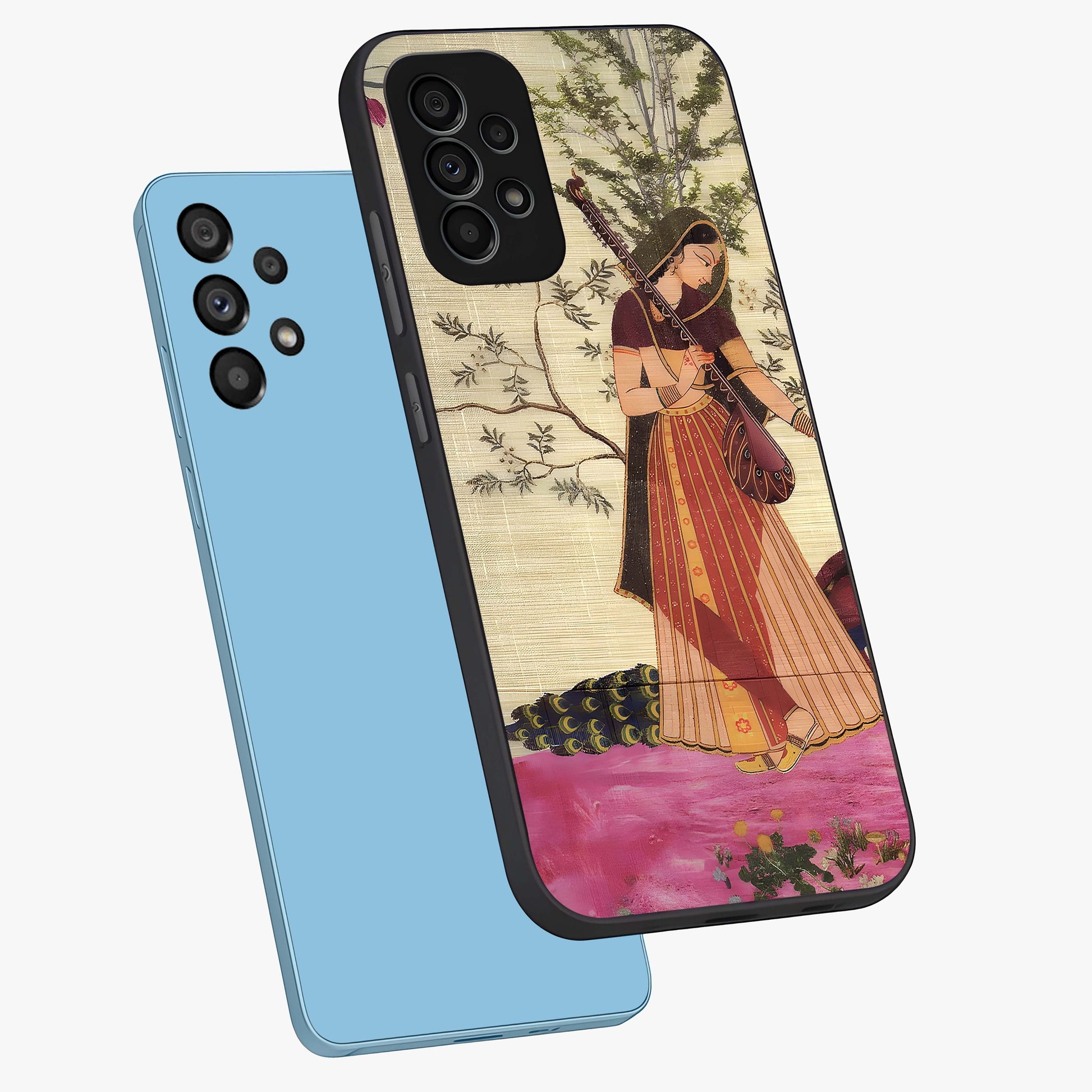 Lady With Veena Art Glass Case displayed in angled mockup highlighting graceful musical illustration with cultural artistic aesthetic.