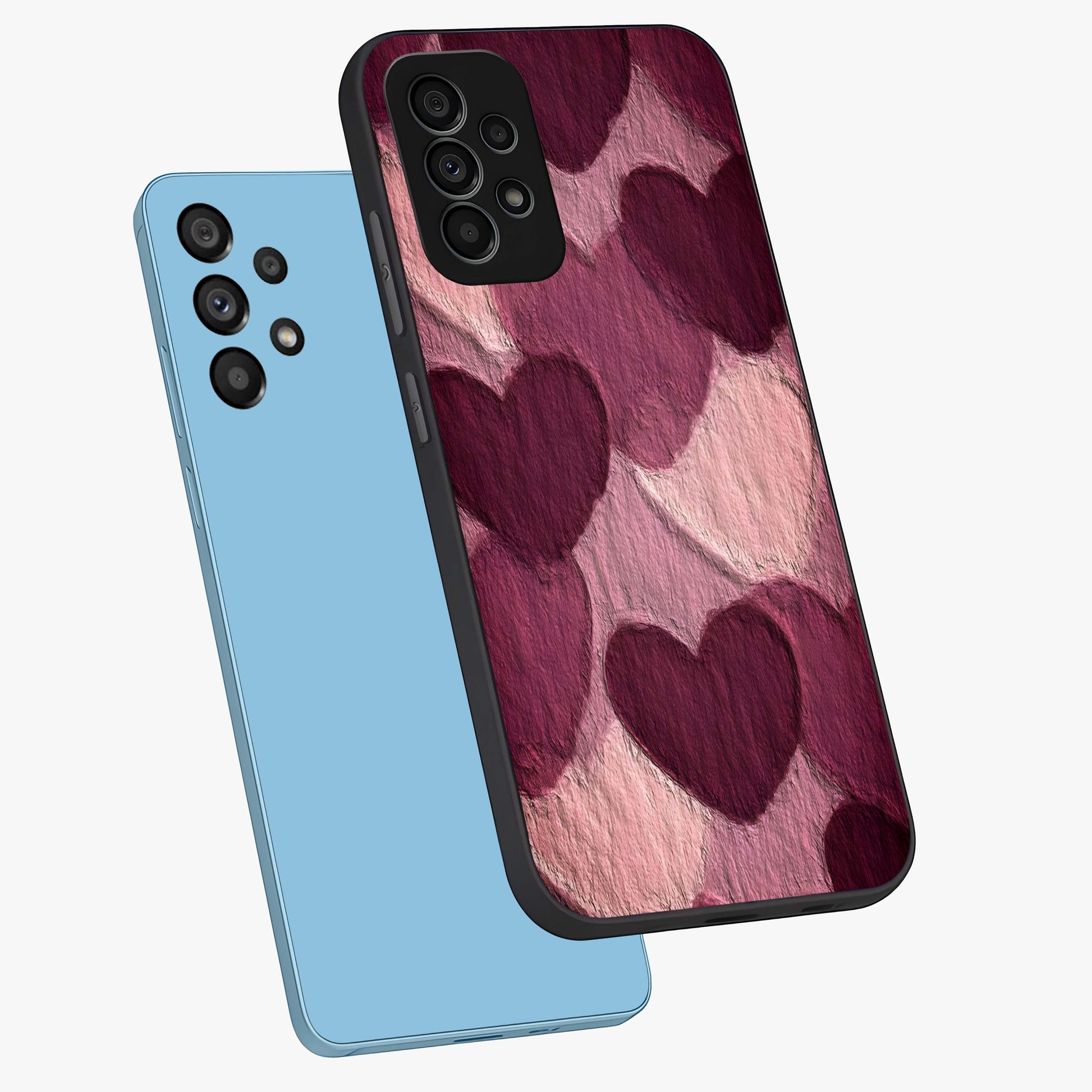 Layered Paper Hearts Glass Case displayed in angled mockup highlighting creative paper craft heart design with romantic aesthetic.