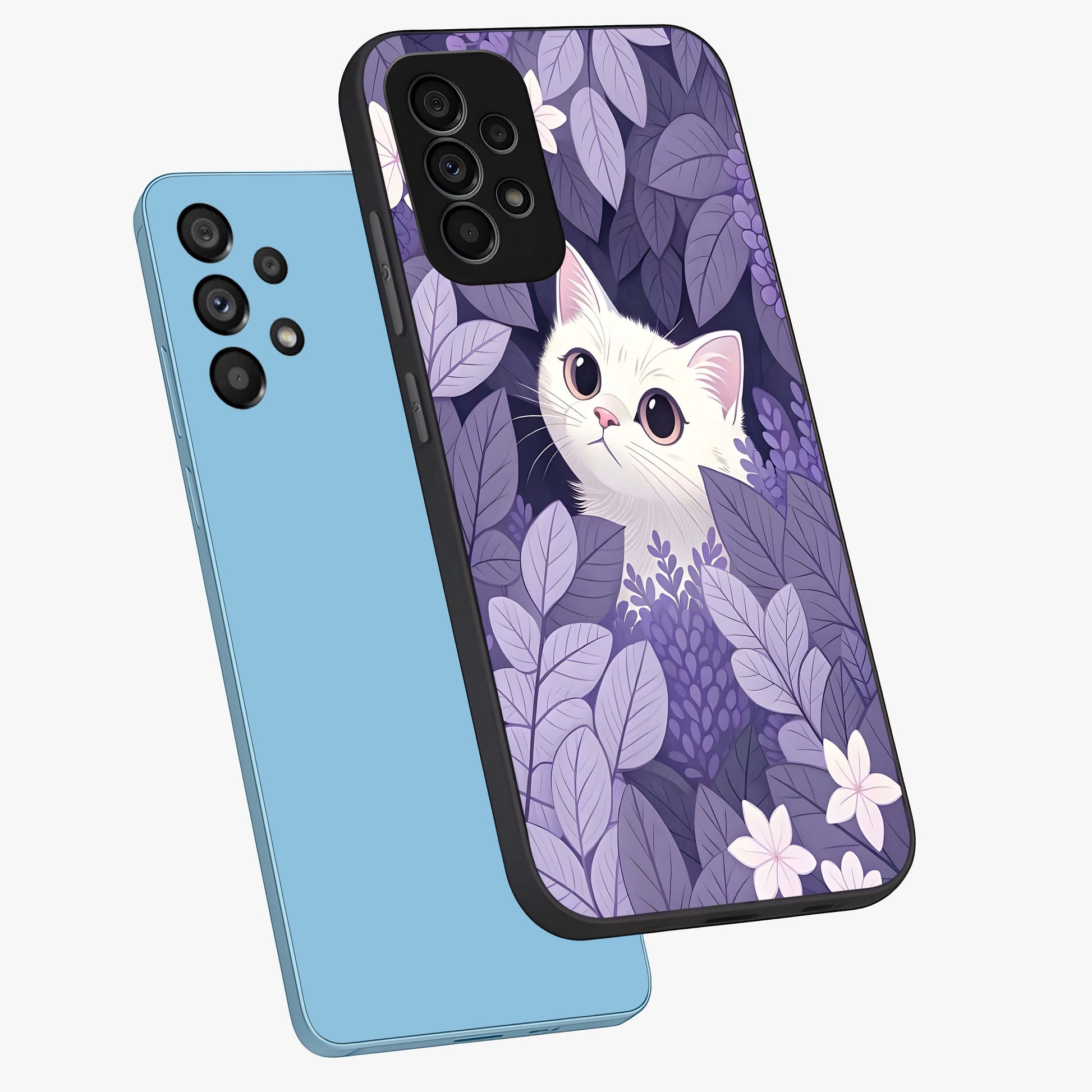 Lilac Hide Peek Cat Glass Case displayed in angled mockup highlighting playful feline illustration with lilac aesthetic design.