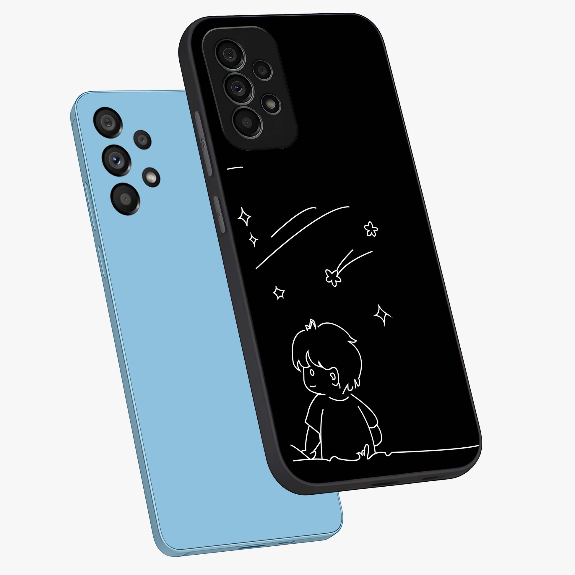 Line Art Boy With Shooting Stars Glass Case displayed in angled mockup highlighting elegant line art design with dreamy star aesthetic.
