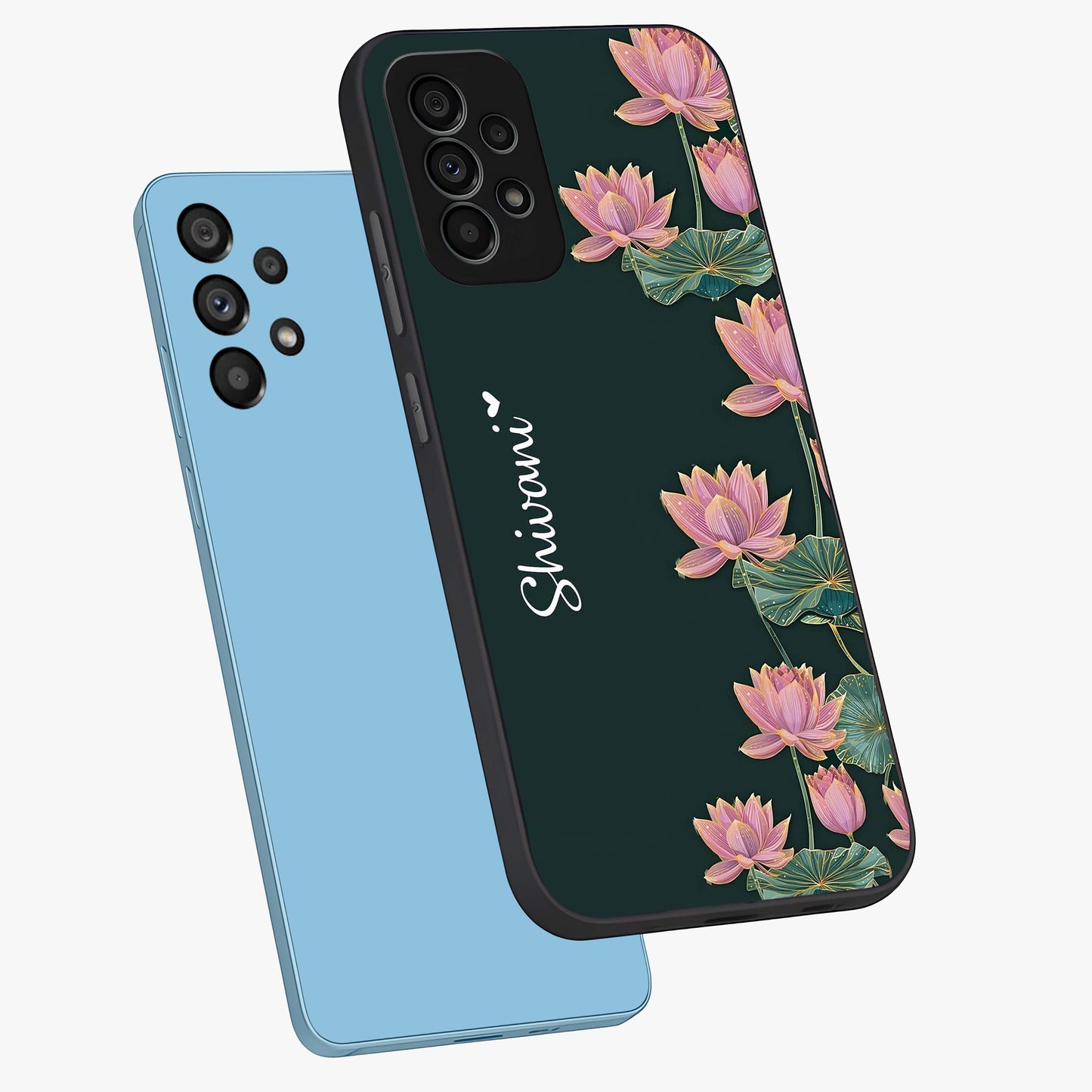 Lotus Bloom Serenity Custom Name Glass Case displayed in angled mockup highlighting graceful lotus illustration with custom name feature.