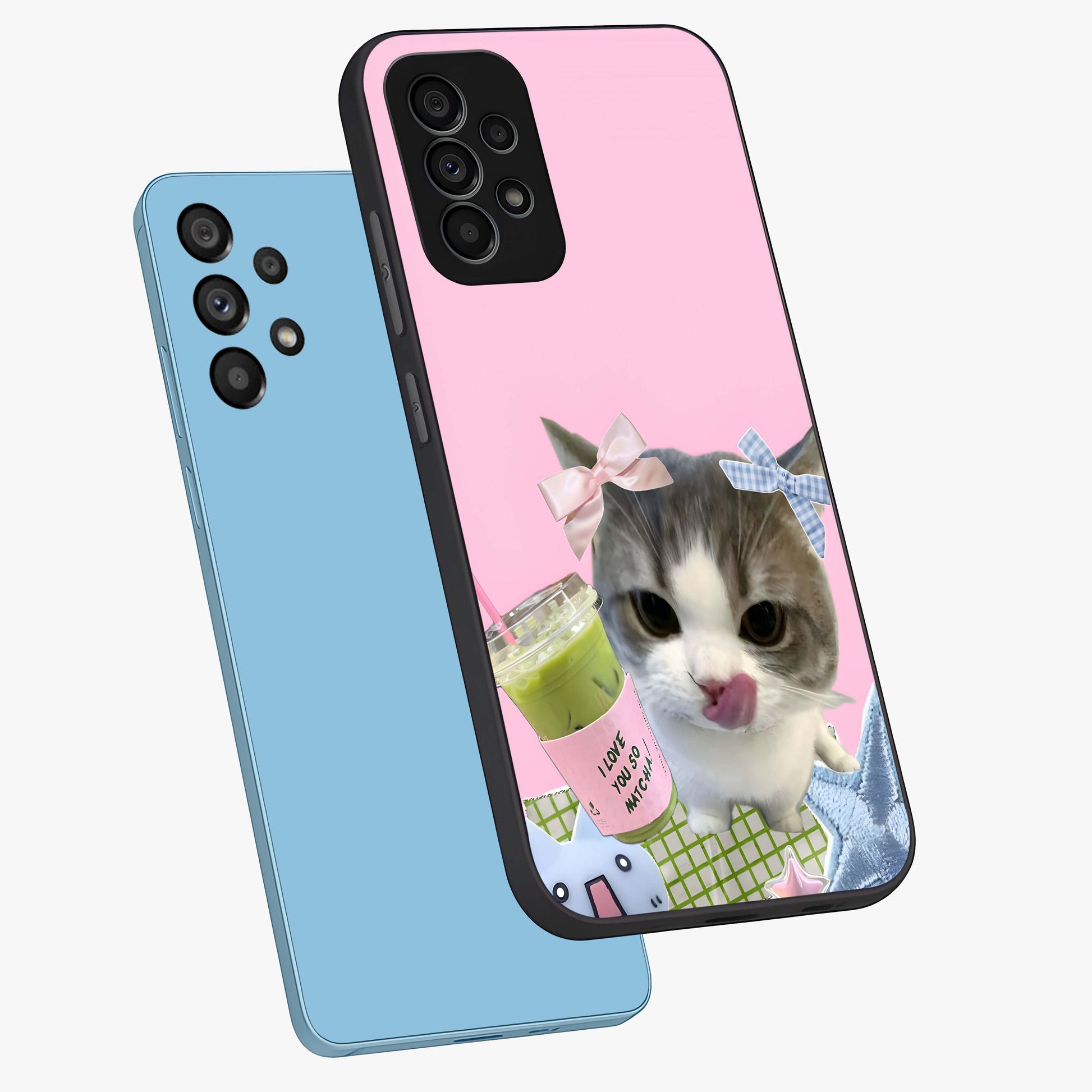 Love Matcha Cat Glass Case displayed in angled mockup highlighting playful feline illustration with cozy matcha aesthetic.