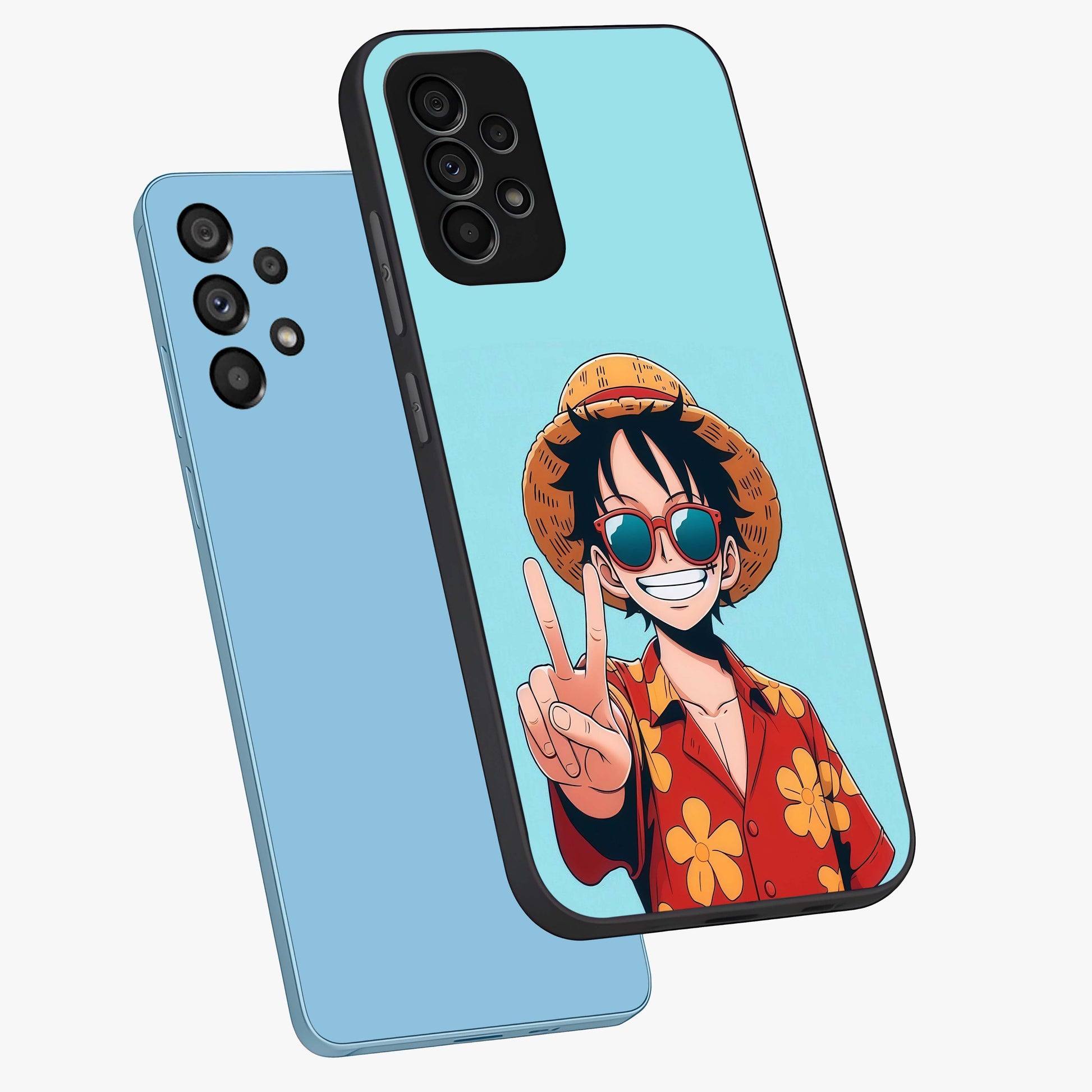 Luffy Summer Anime Vibe Glass Case displayed in angled mockup highlighting energetic anime illustration with summer vibe aesthetic.
