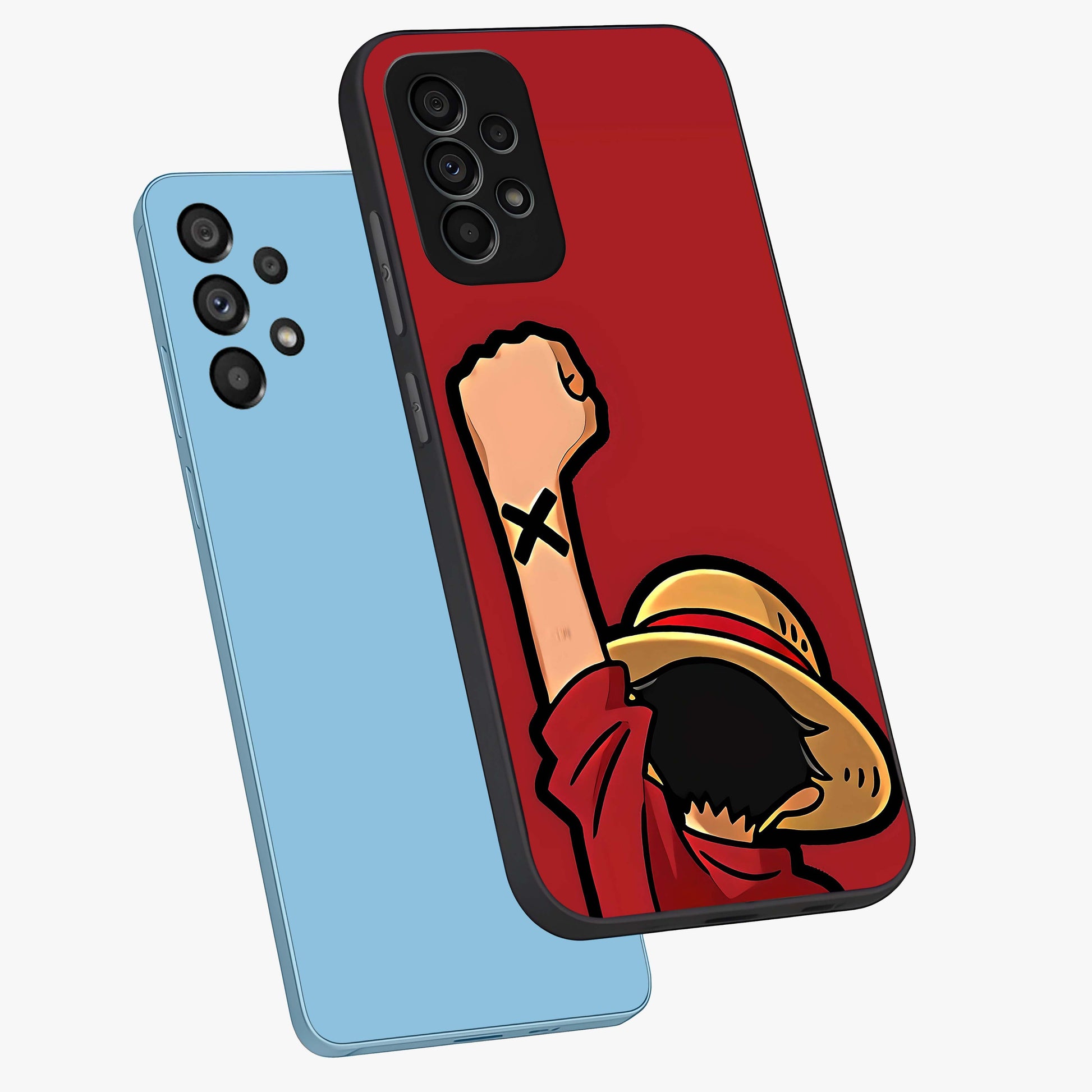 Luffy X Spirit Glass Case displayed in angled mockup highlighting powerful anime design with energetic action aesthetic.