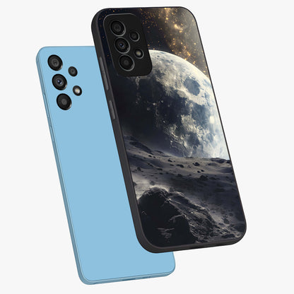 Lunar Horizon Glow Glass Case displayed in angled mockup highlighting celestial moon design with dreamy night aesthetic.