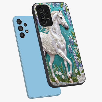 Majestic Floral Stallion Glass Case displayed in angled mockup highlighting majestic stallion illustration with elegant floral aesthetic.