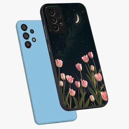 Midnight Tulip Whispers Vibe Glass Case displayed in angled mockup highlighting delicate tulip design with midnight floral aesthetic.