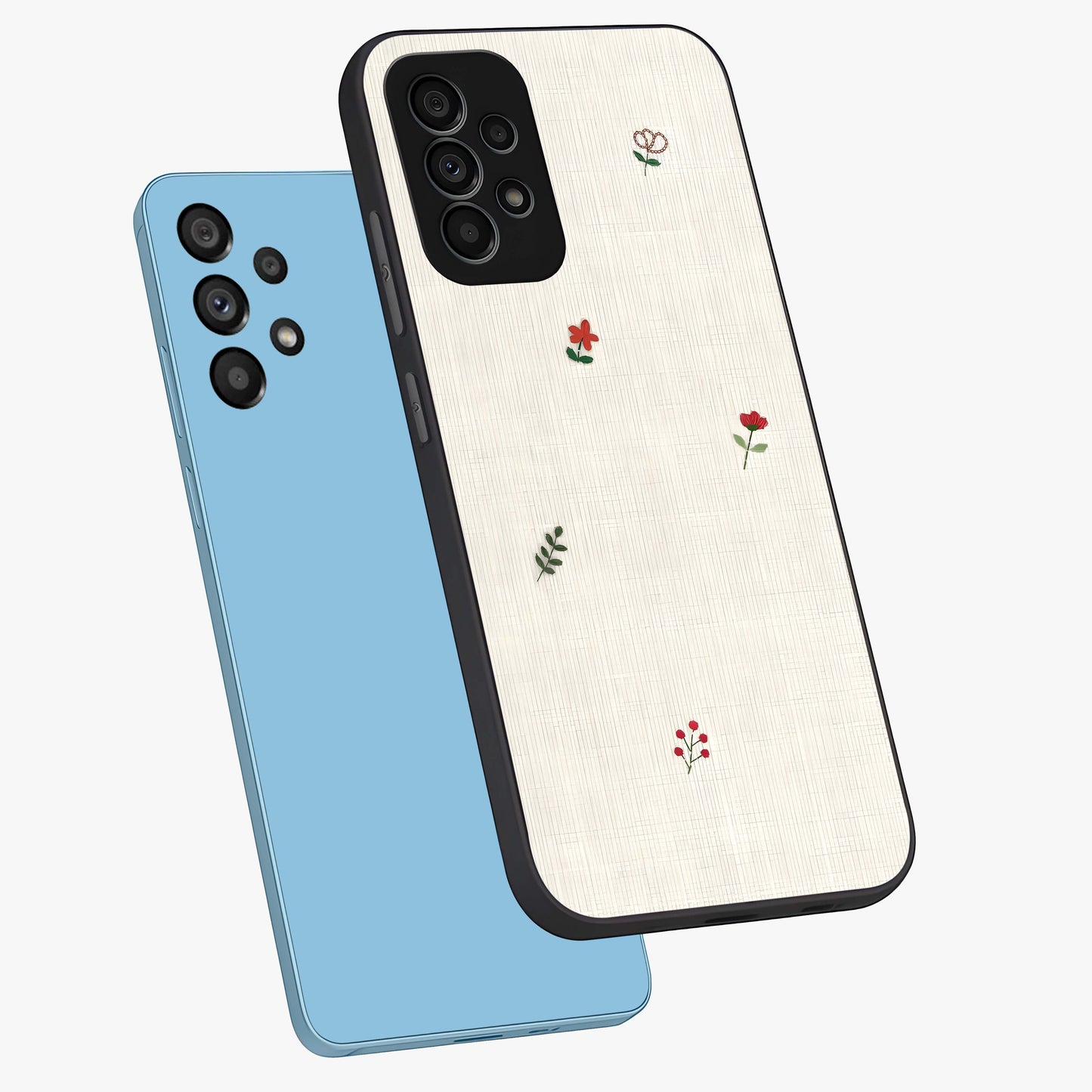 Minimalistic Blue With White Flower Pattern Glass Case displayed in angled mockup highlighting simple floral design with minimal aesthetic.