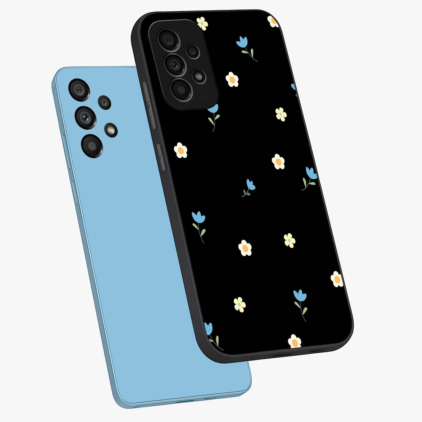 Minimal Petal Whispers Glass Case displayed in angled mockup highlighting delicate petal design with clean minimal aesthetic.