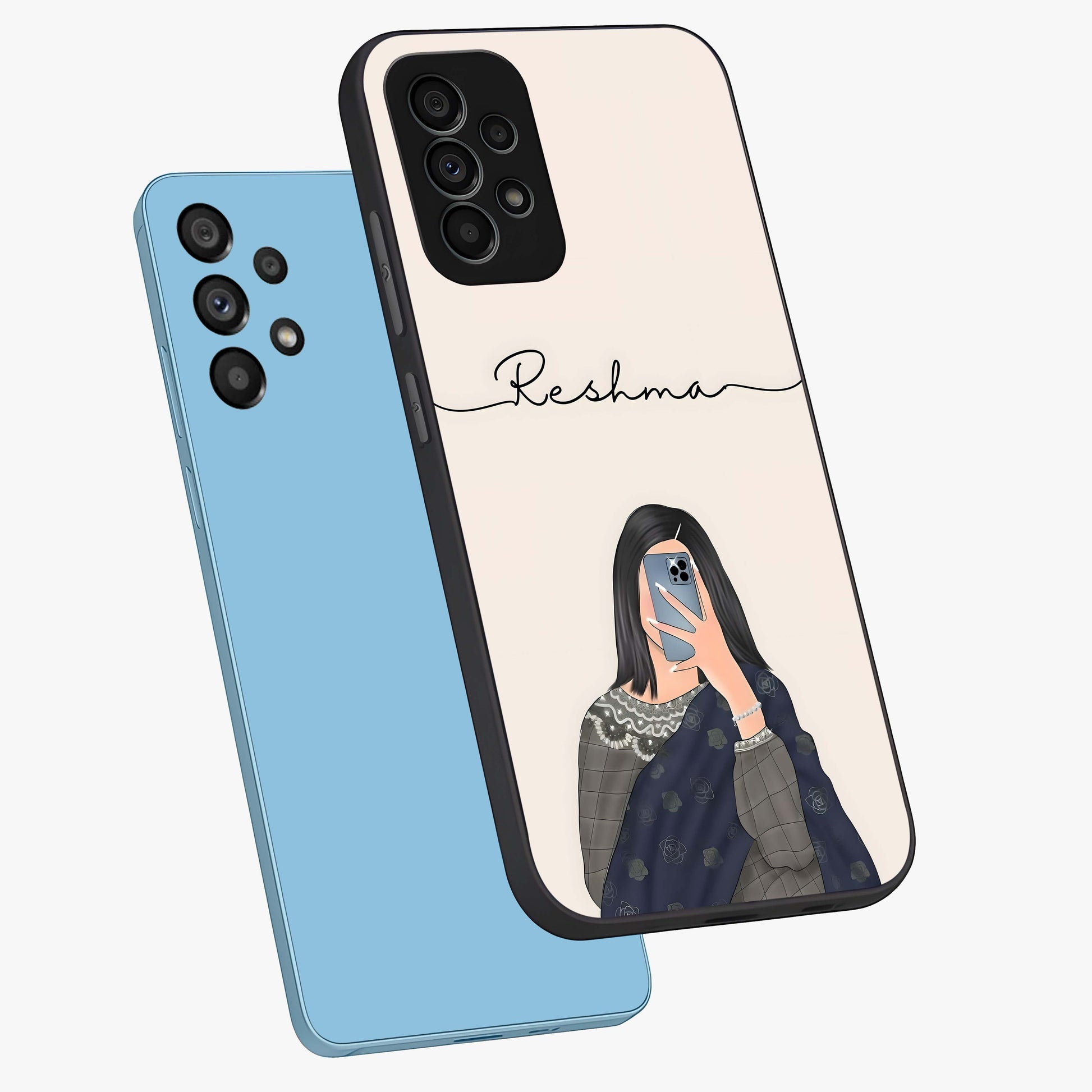 Mirror Mood Muse With Custom Name Glass Case displayed in angled mockup highlighting aesthetic mirror inspired design with custom name feature.