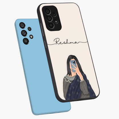 Mirror Mood Muse With Custom Name Glass Case displayed in angled mockup highlighting aesthetic mirror inspired design with custom name feature.