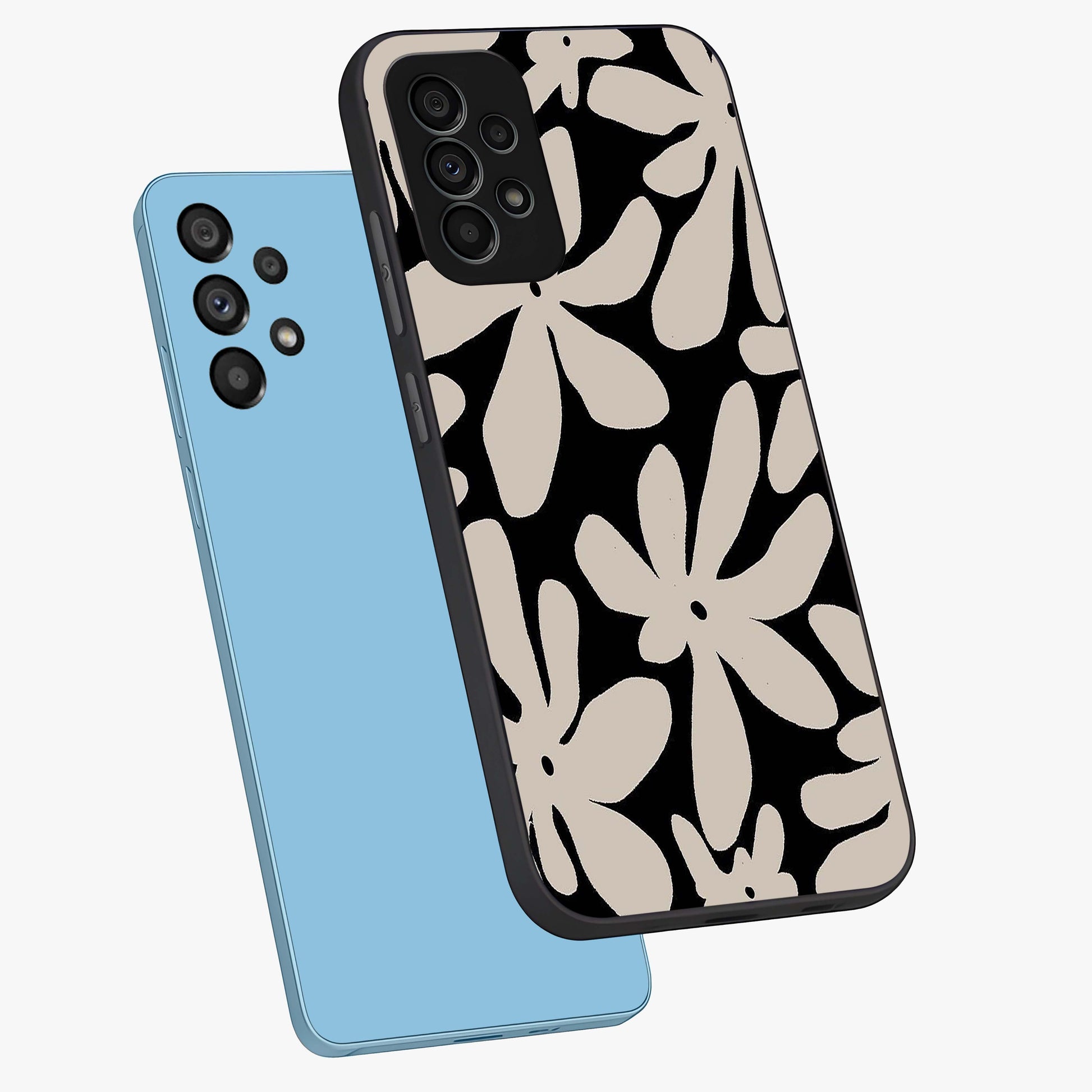 Monochrome Petal Dance Glass Case displayed in angled mockup highlighting elegant petal design with black and white aesthetic.