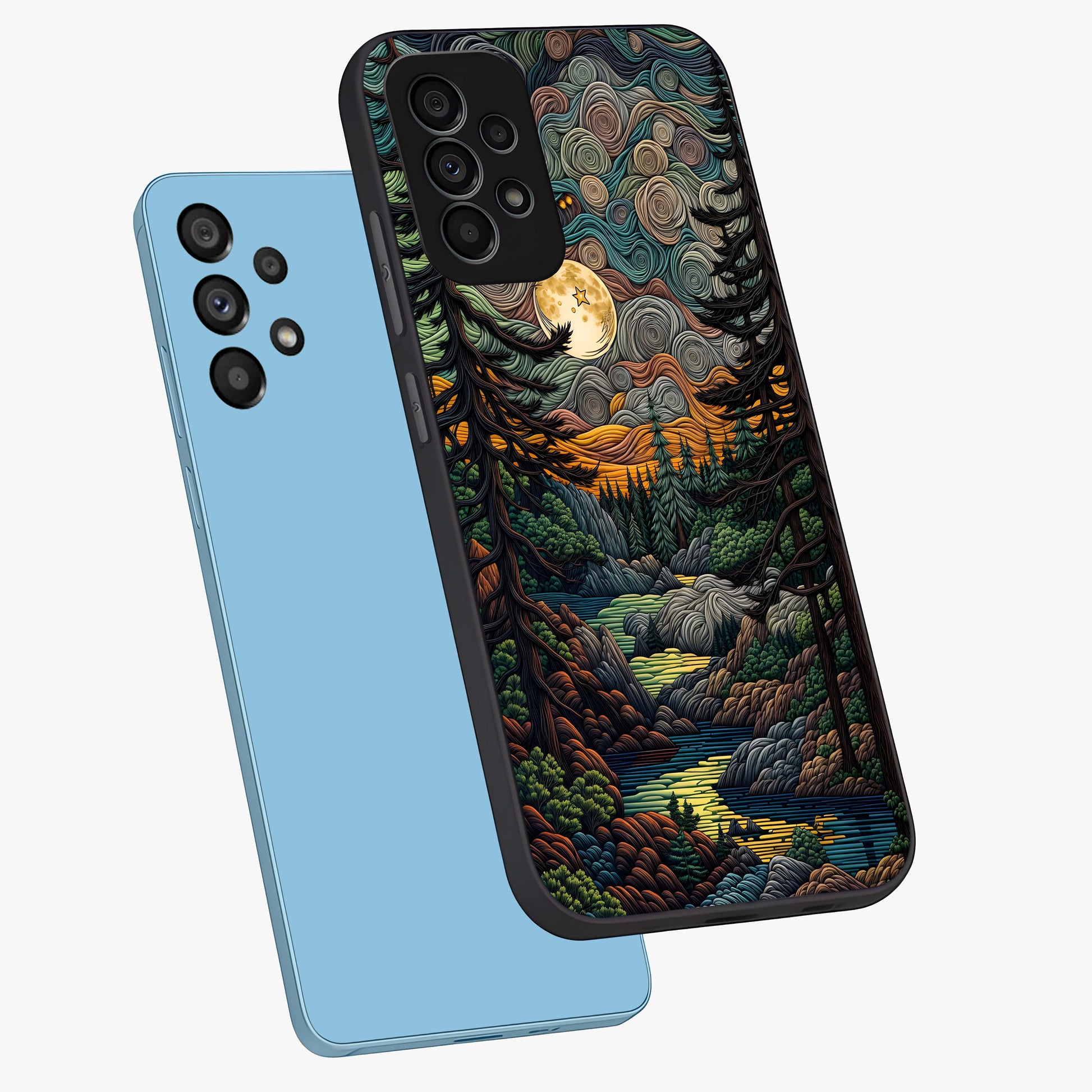 Moonlight Forest Dream Glass Case displayed in angled mockup highlighting dreamy forest design with glowing moon aesthetic.
