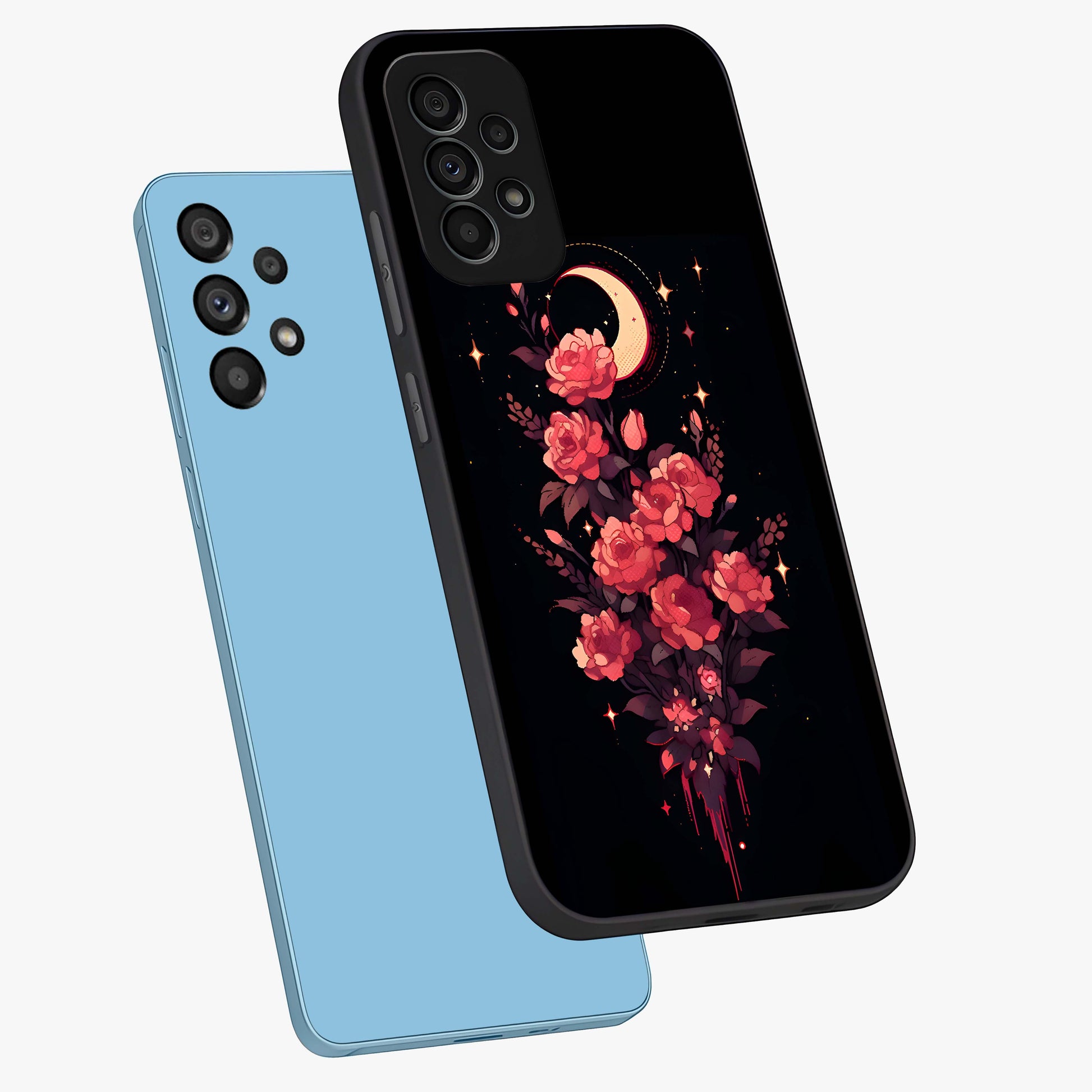 Moonlit Floral Elegance Glass Case displayed in angled mockup highlighting graceful flower design with soft moonlight aesthetic.