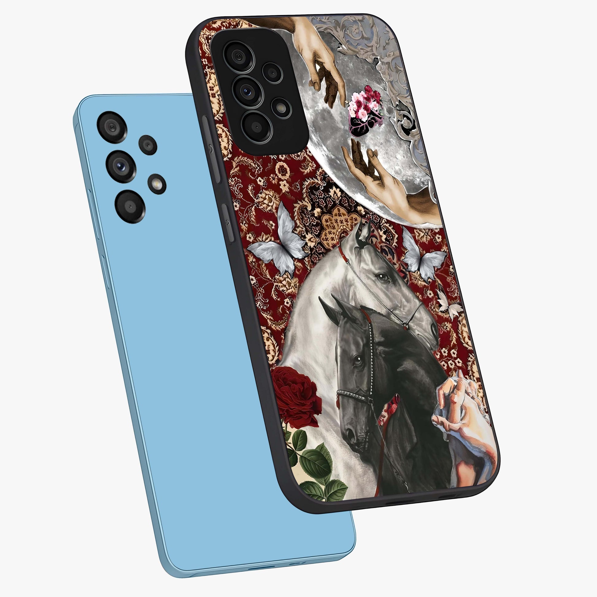 Moonlit Royal Stallion Glass Case displayed in angled mockup highlighting powerful stallion illustration with royal night aesthetic.