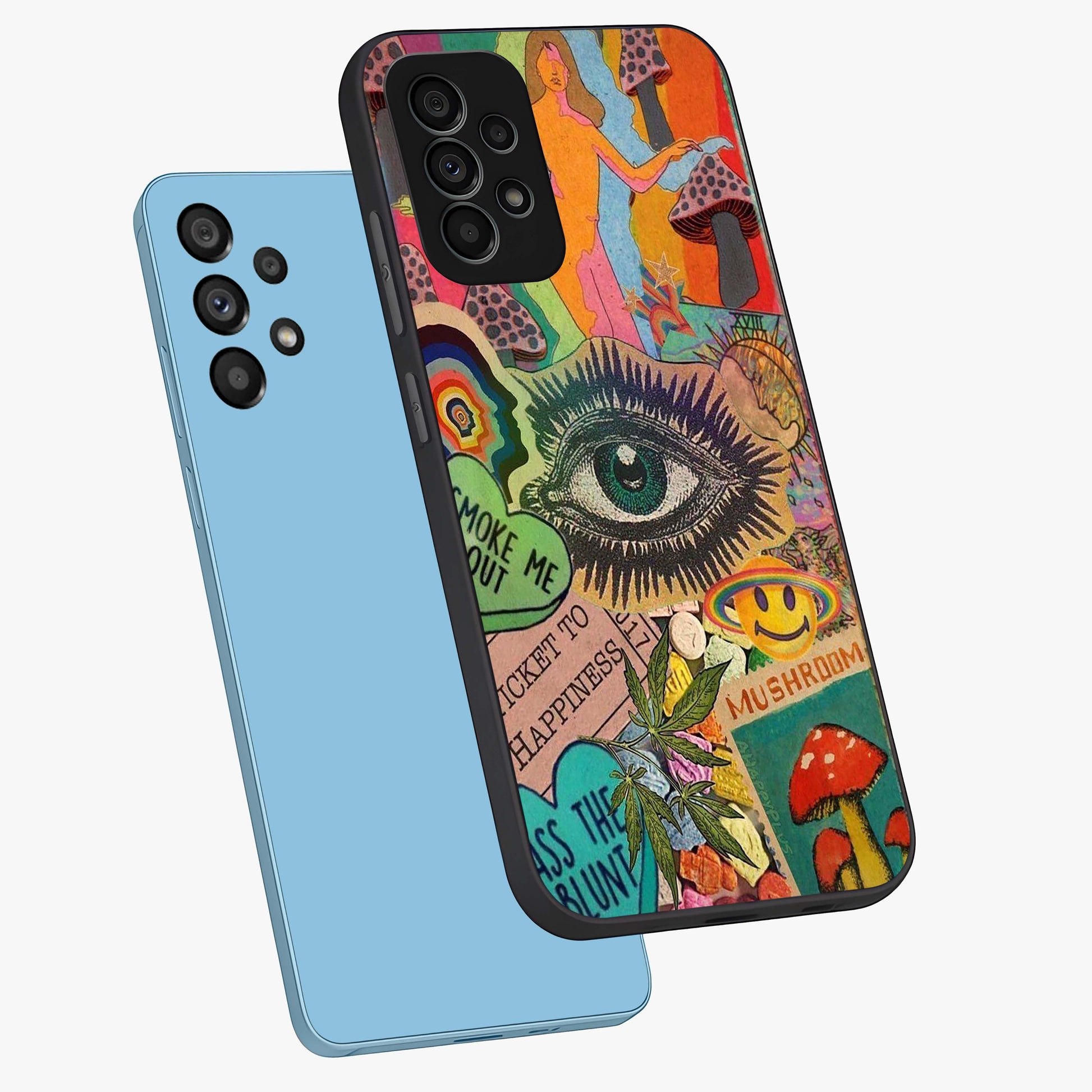 Mystic Eye Wonderland Glass Case displayed in angled mockup highlighting magical eye illustration with dreamy aesthetic.