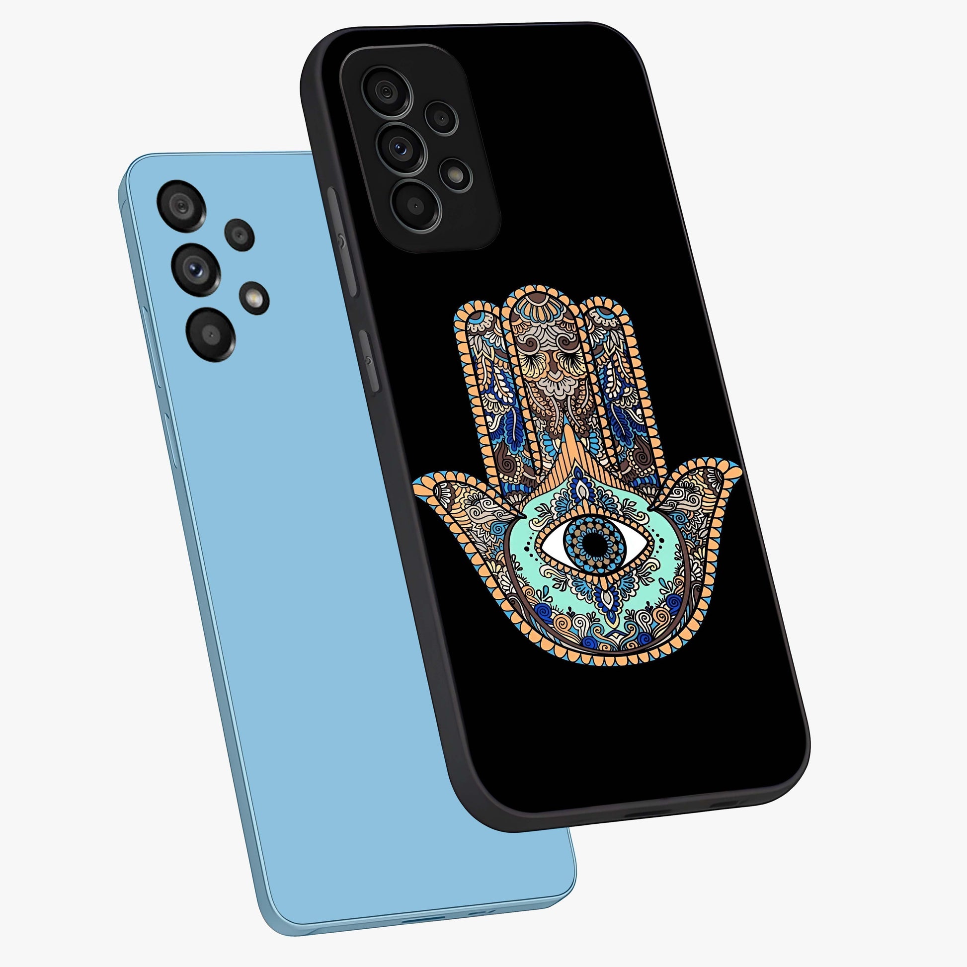 Mystic Hamsa Eye Glass Case displayed in angled mockup highlighting spiritual hamsa symbol with mystical aesthetic style.