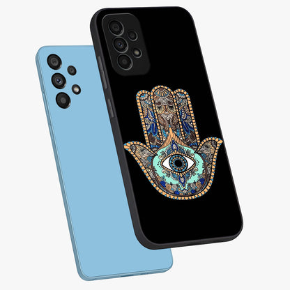 Mystic Hamsa Eye Glass Case displayed in angled mockup highlighting spiritual hamsa symbol with mystical aesthetic style.
