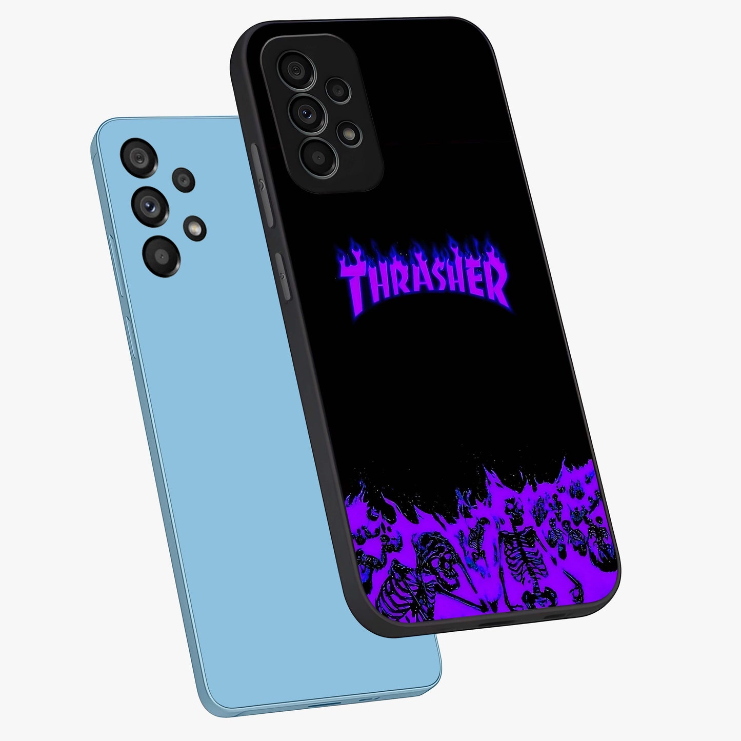 Neon Flame Riot Glass Case displayed in angled mockup highlighting glowing flame design with vibrant neon aesthetic.